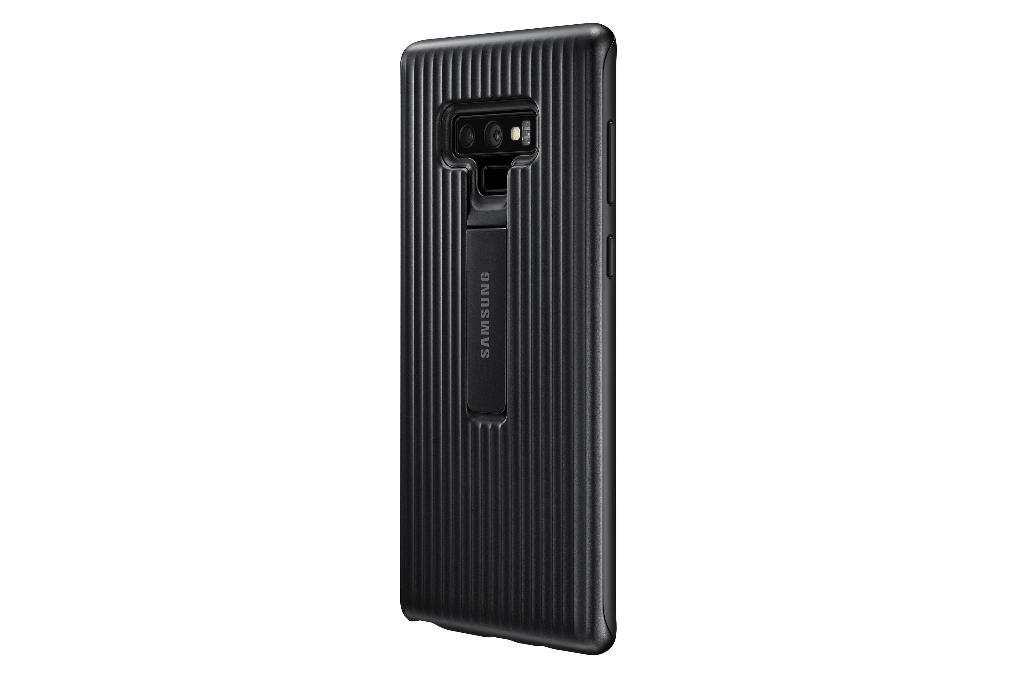 Custodia nera con marchio Samsung e supporto. Sfondo bianco.