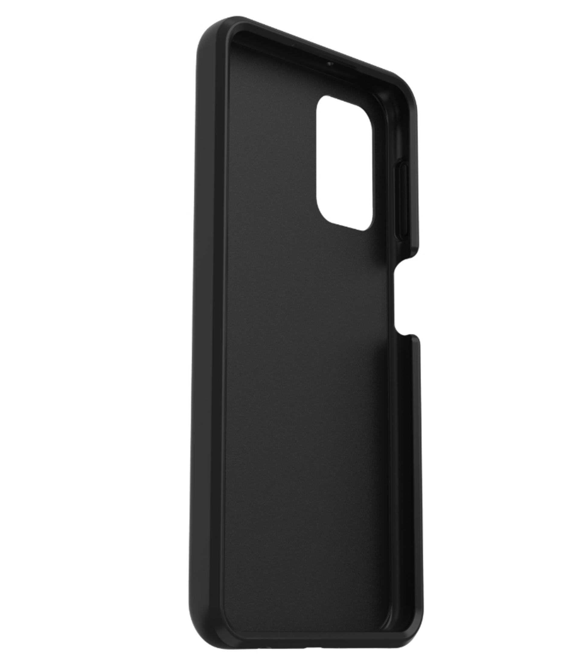 Eine schwarze Handyhülle, Seitenansicht, weißer Hintergrund, das Telefon ist nicht darin.