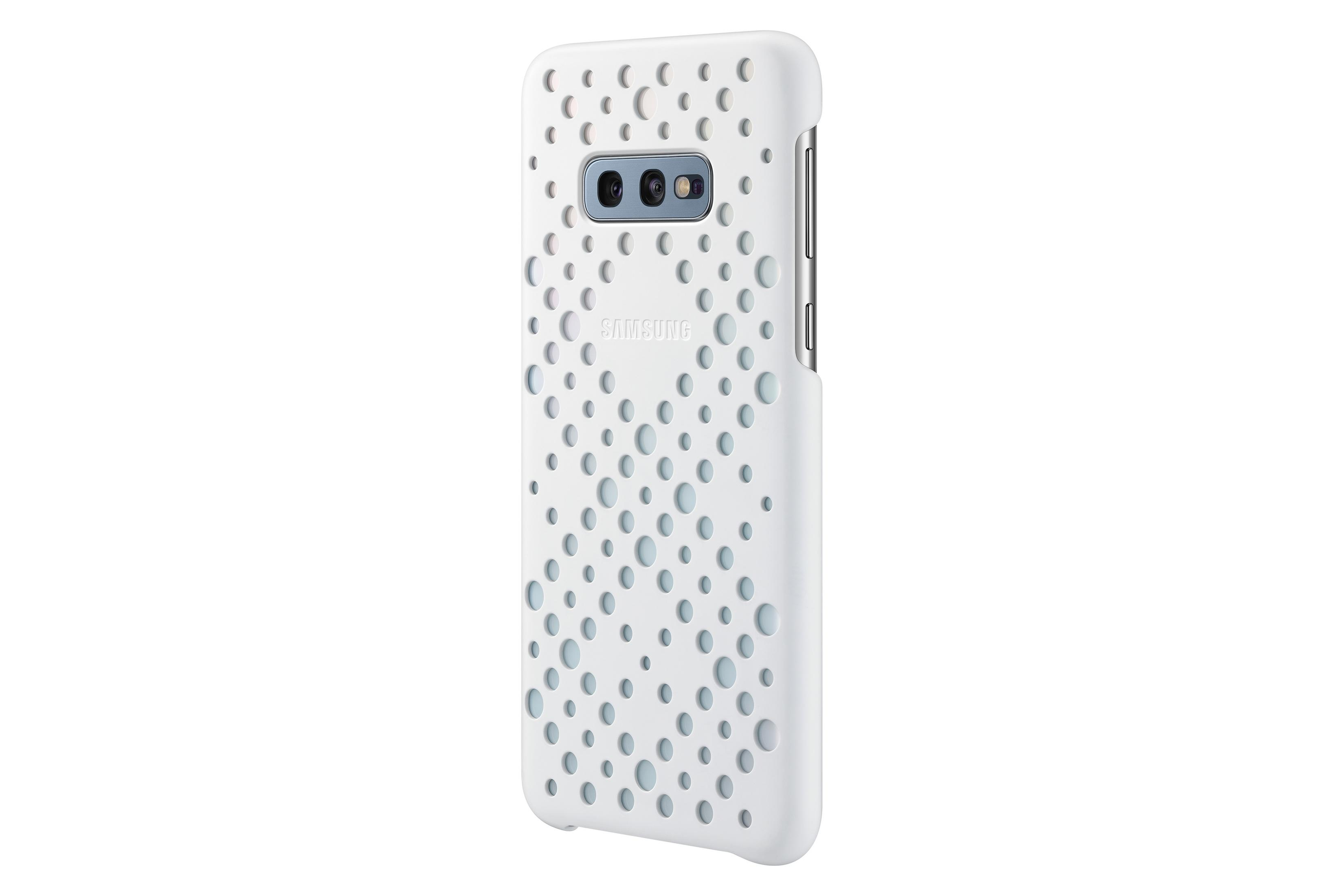Custodia bianca per telefono con motivo a cerchi. La fotocamera del telefono è visibile.