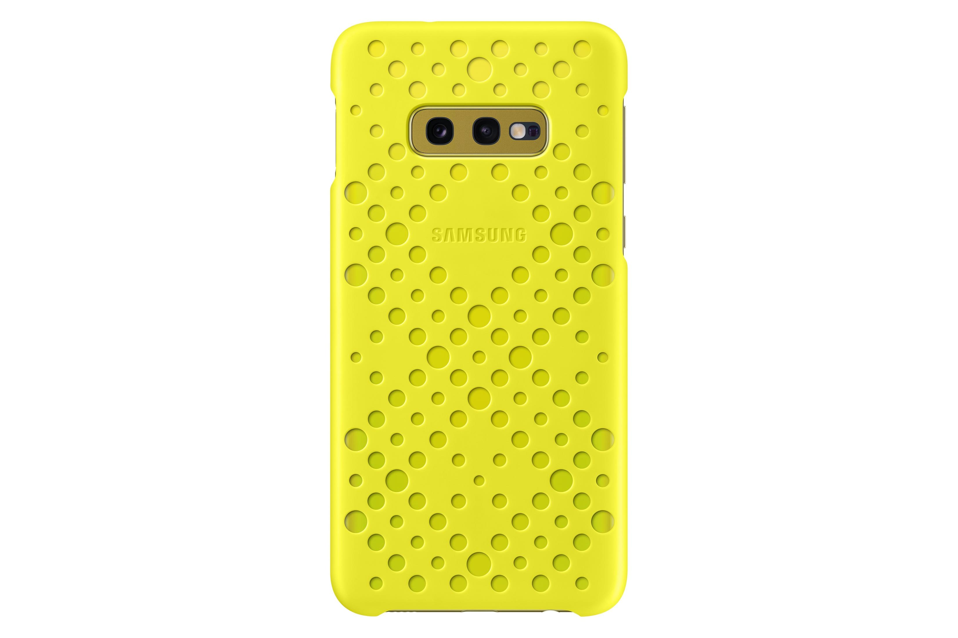 Custodia per telefono gialla con motivo a pois, logo Samsung e ritaglio per fotocamera su sfondo bianco.