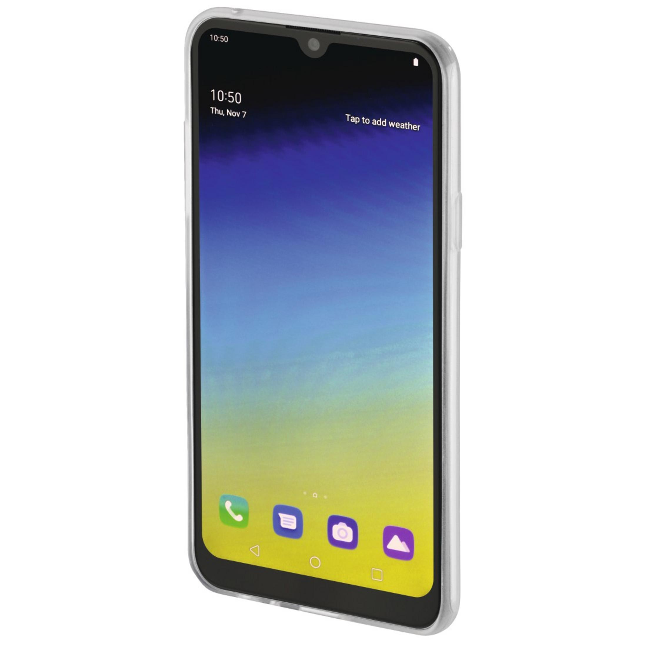 Telefon z wyświetlaczem pokazującym czas i informacje o pogodzie. Przezroczyste etui. Białe tło.