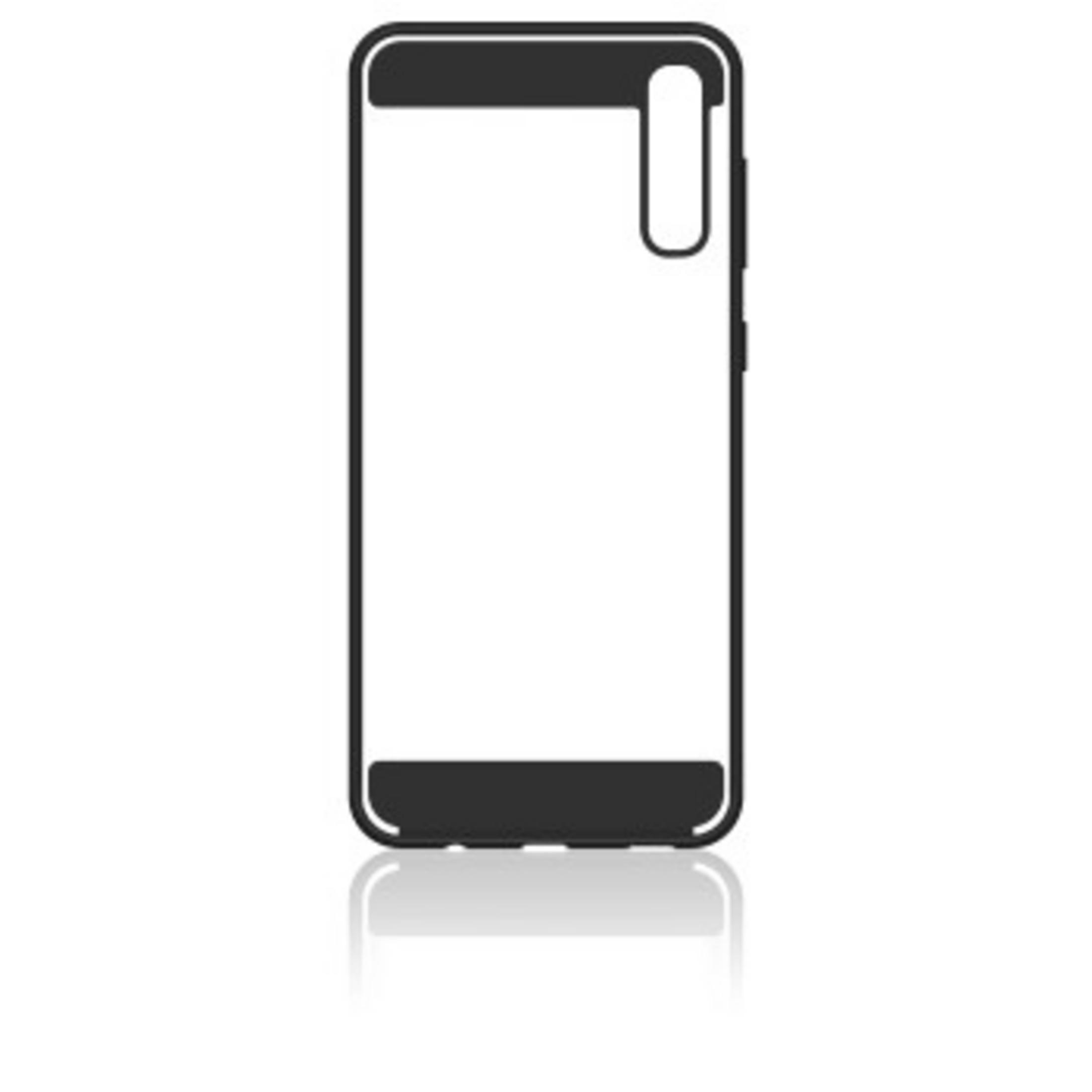 Una custodia per telefono nera. La custodia ha un design semplice. È appoggiata su una superficie bianca riflettente.