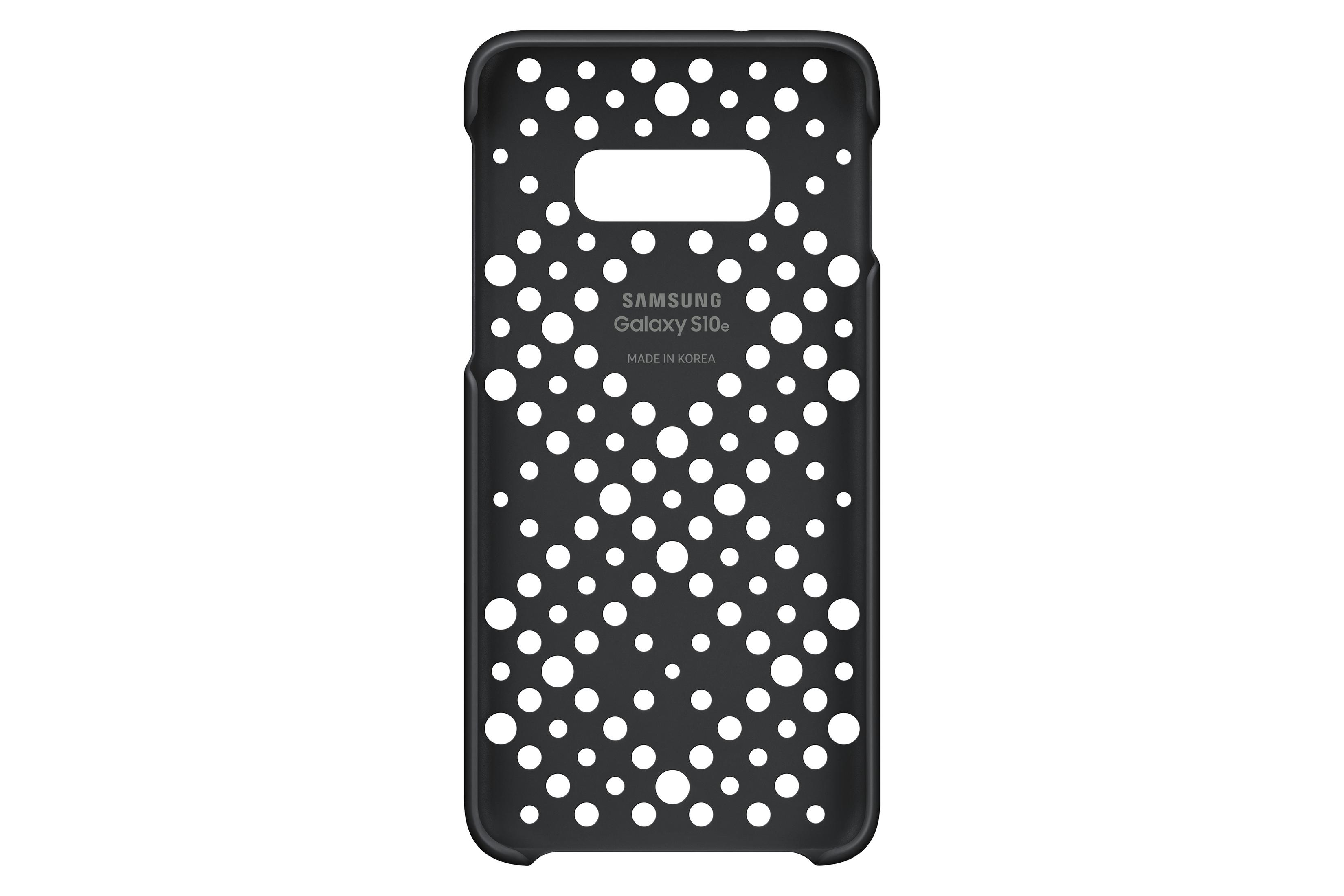 Coque de téléphone noire avec un motif de cercles blancs et le texte 'SAMSUNG Galaxy S10e' au dos.