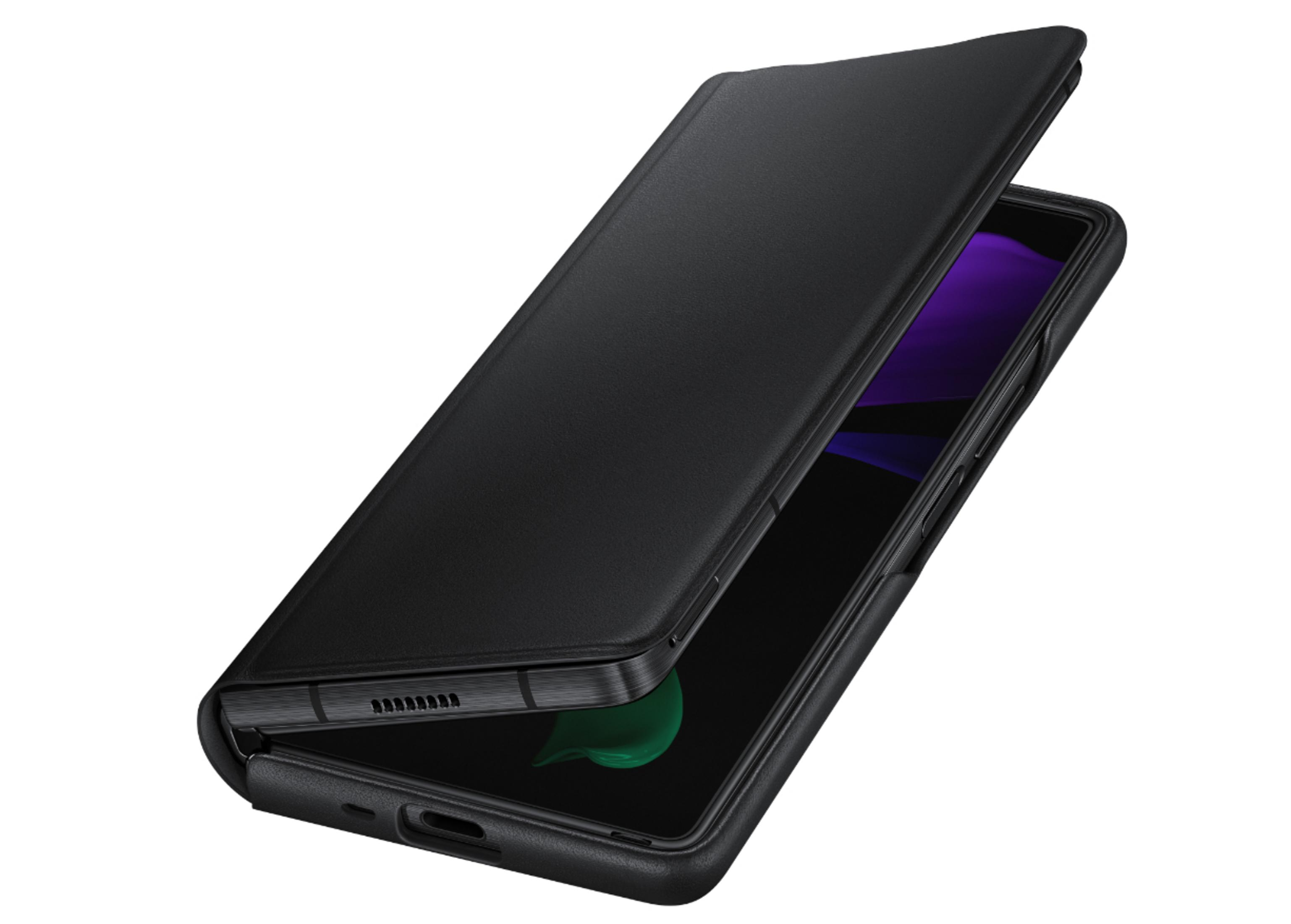 Una custodia per telefono nera è aperta. Il telefono all'interno è nero con un display verde.