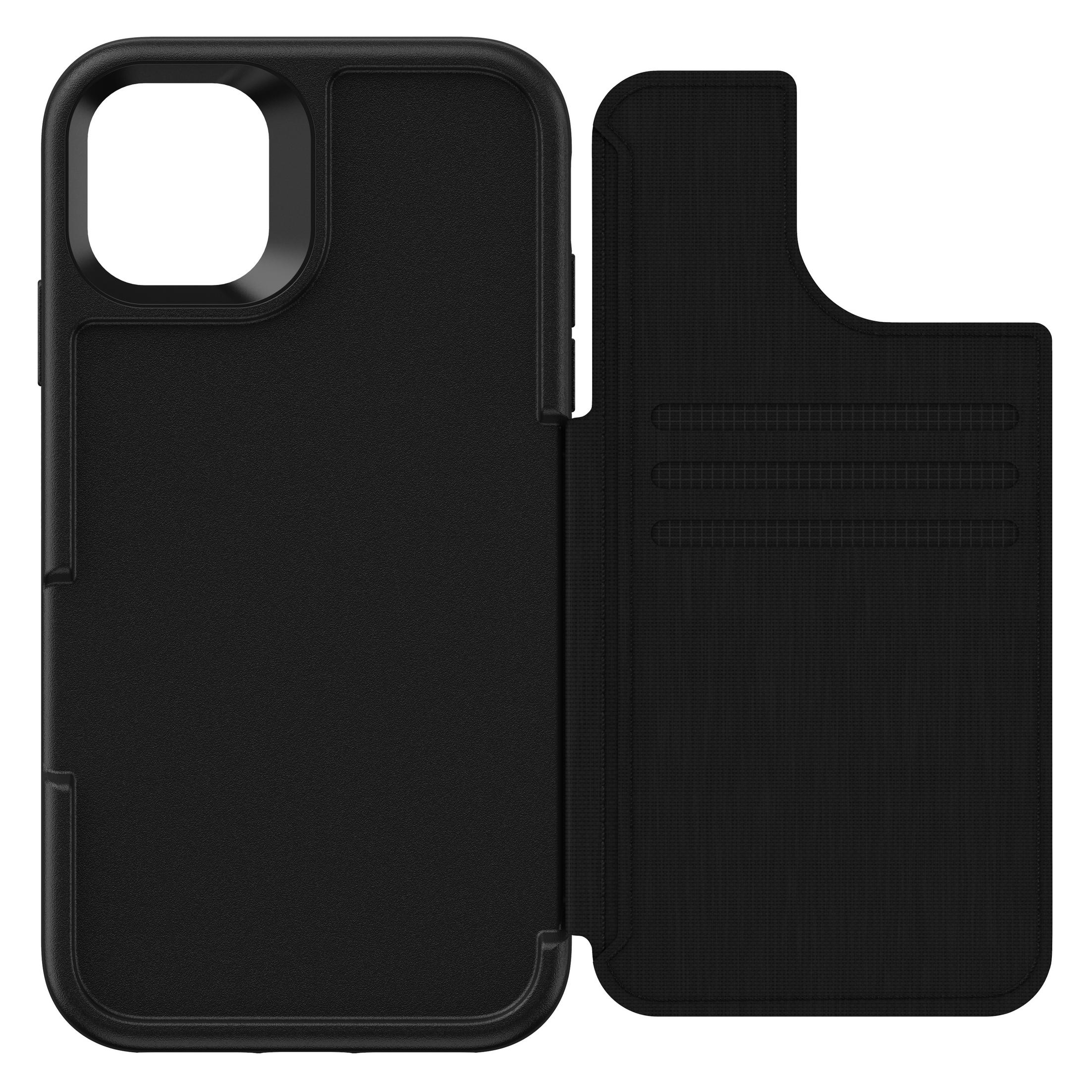 Schwarze Handyhülle, geöffnet, mit Kartenfächern und einer Telefontasche.