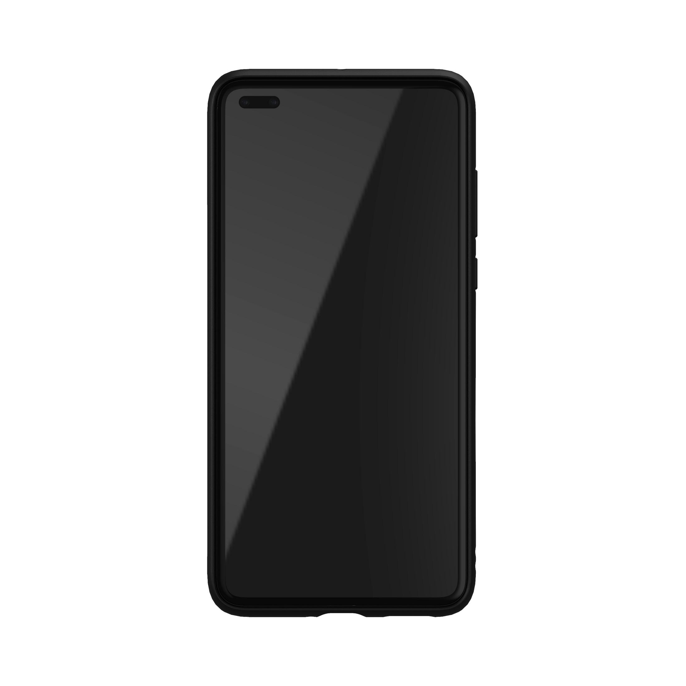 Un telefono nero con protezione schermo. Lo schermo è nero, la cornice è nera.