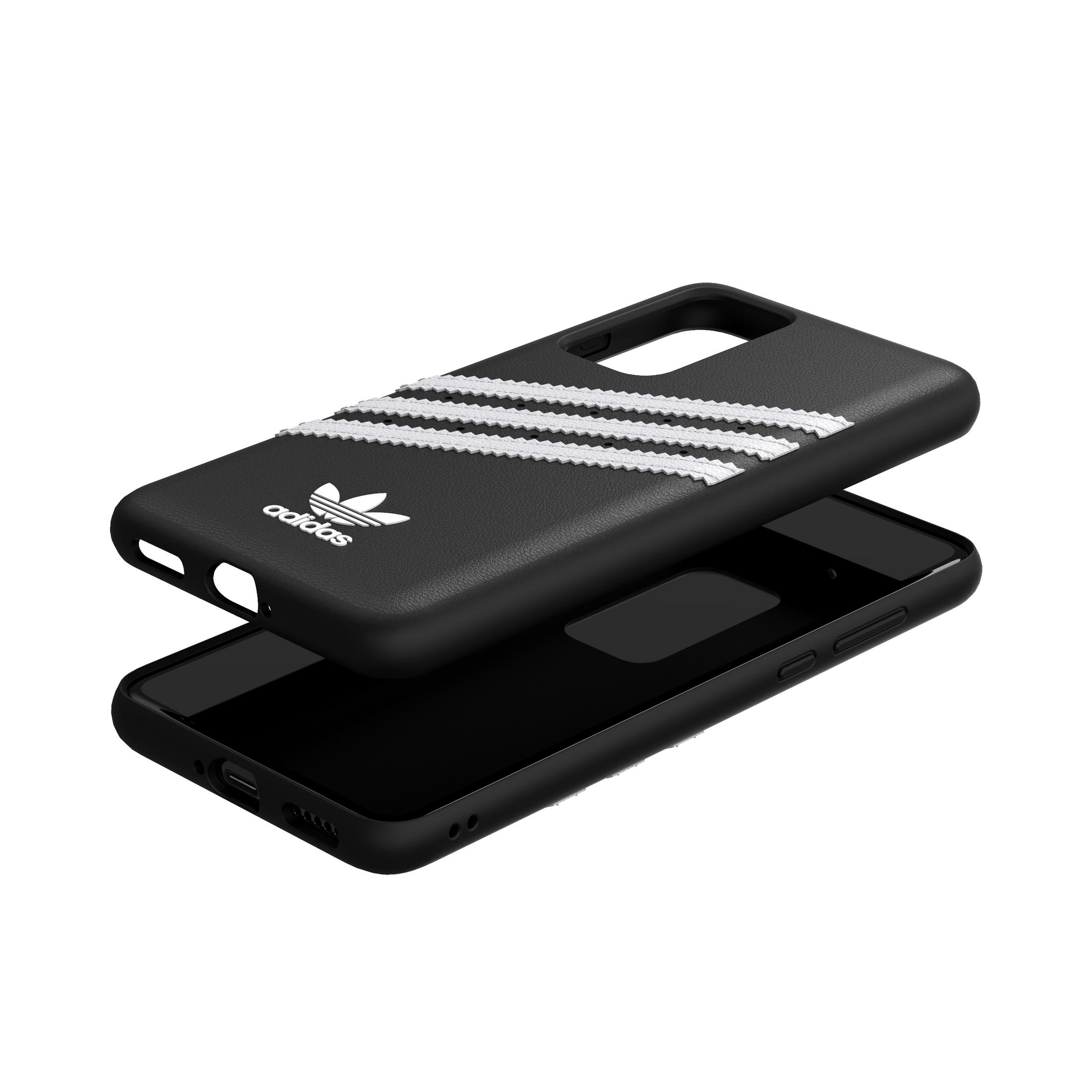 Custodia per telefono Adidas nera con strisce bianche, due pezzi, su sfondo bianco. Logo Adidas visibile.