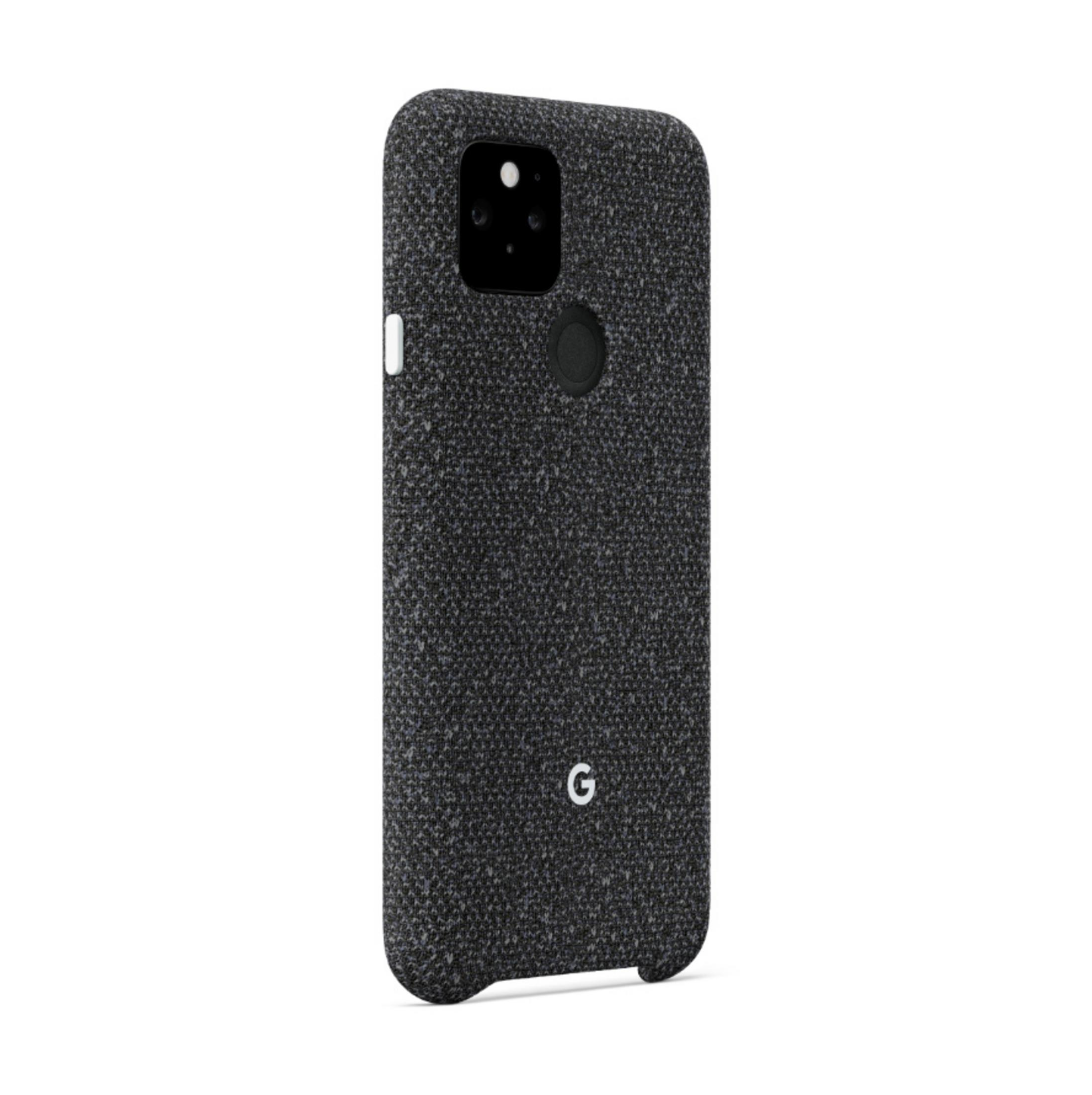 Eine schwarze Handyhülle mit strukturierter Oberfläche, Kameraausschnitt und 'G'-Logo auf weißem Grund.
