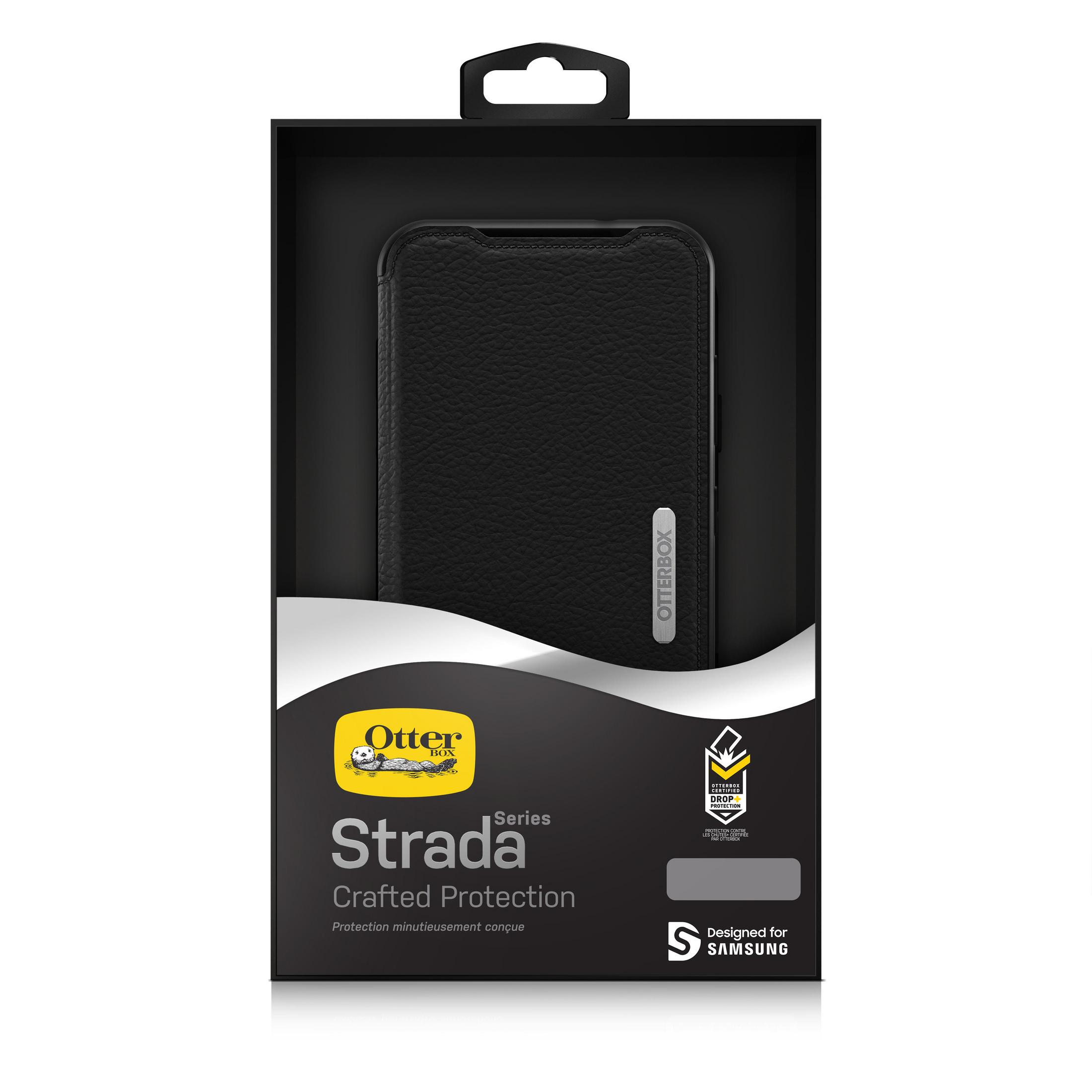 Custodia nera in una scatola. La scatola ha il logo Otterbox Strada.