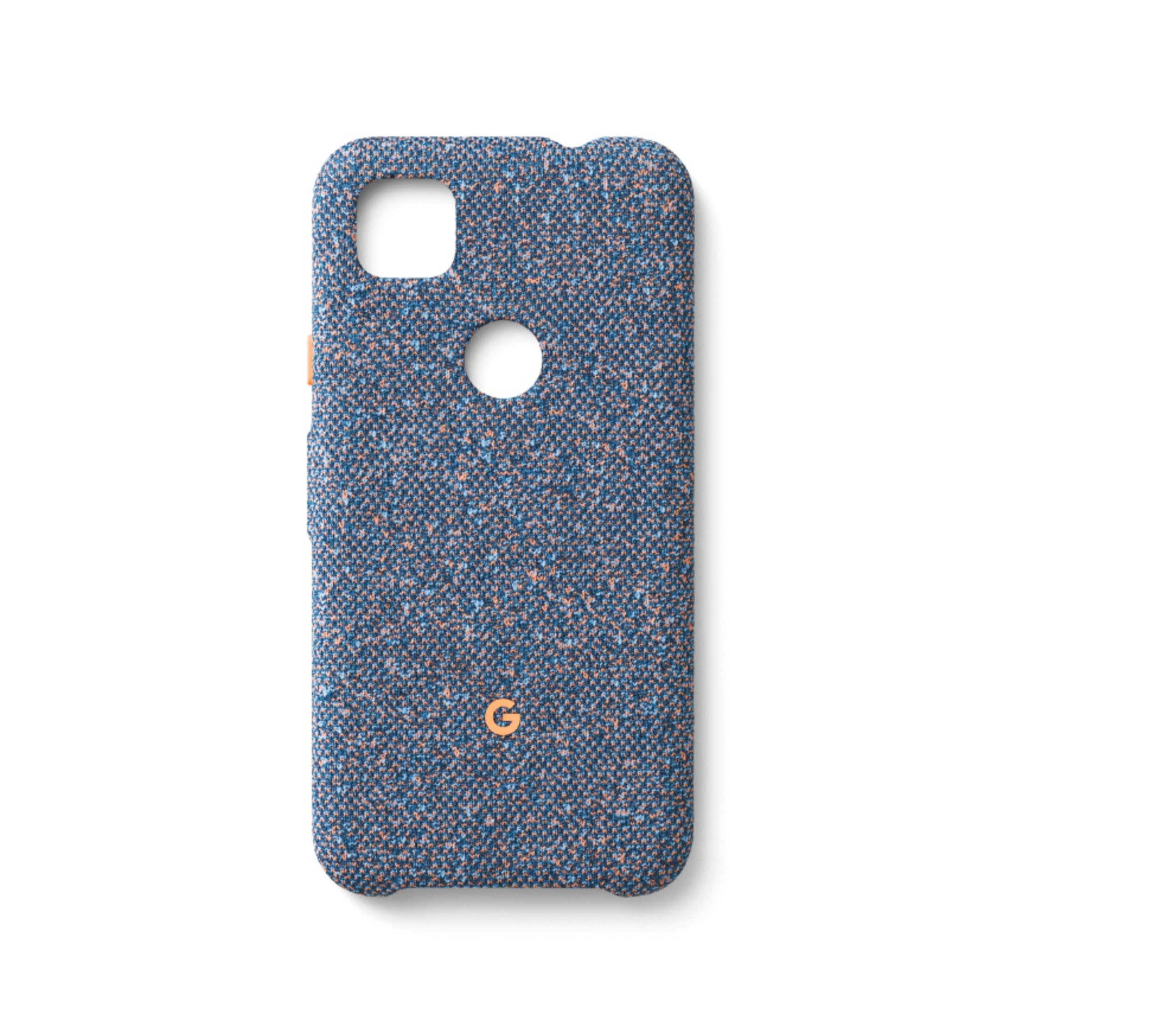 Blau-orange gesprenkelte Handyhülle mit Kameraausschnitt und Google-Logo, auf Weiß.