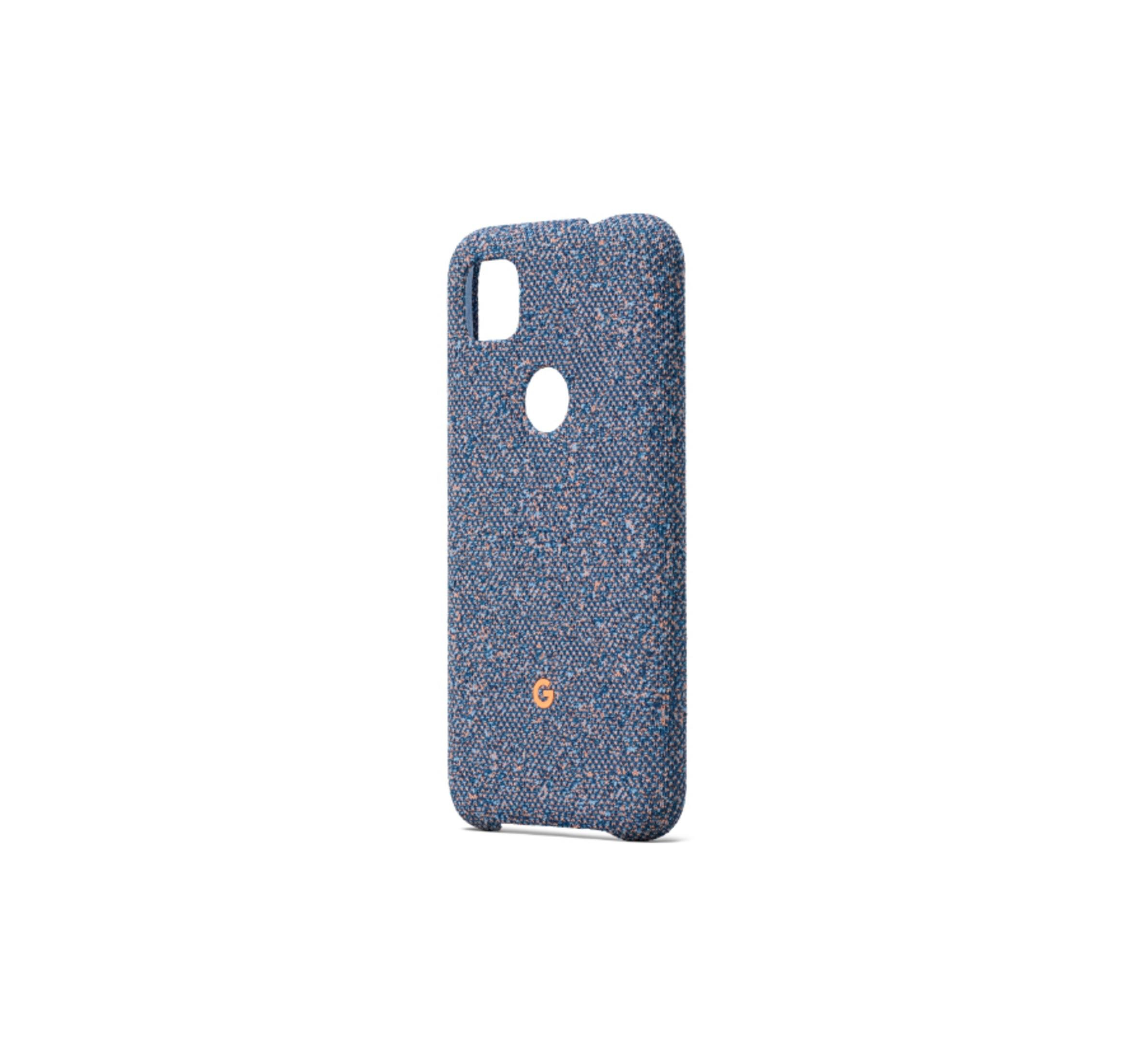 Blau-weiß gesprenkelte Handyhülle, mit rundem Kameraausschnitt und orangefarbenem 'G'-Logo.