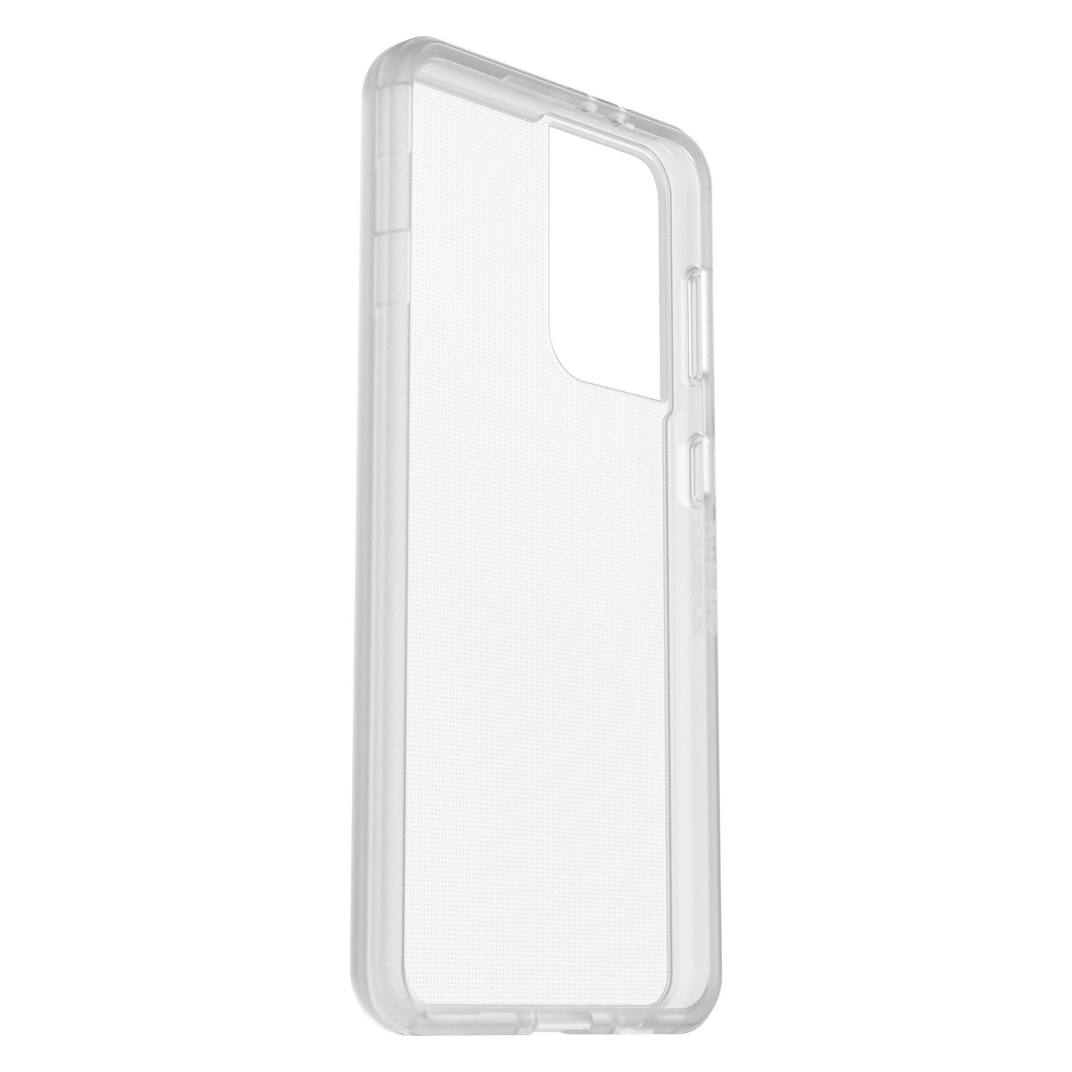 Una funda transparente para teléfono. La funda es transparente y tiene recortes para botones y cámara.