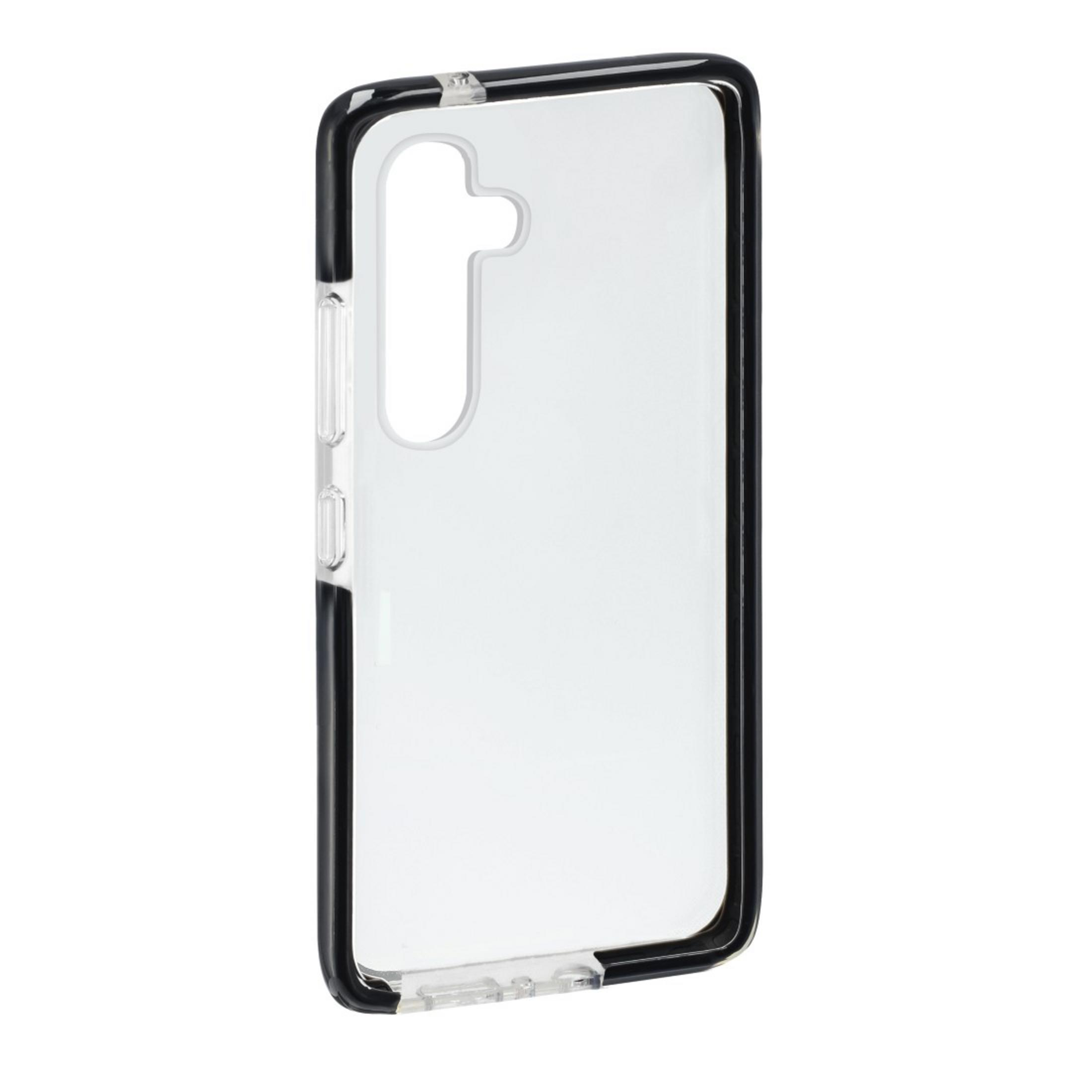 Custodia trasparente con bordo nero. L'interno è bianco, mostrando la forma del telefono.