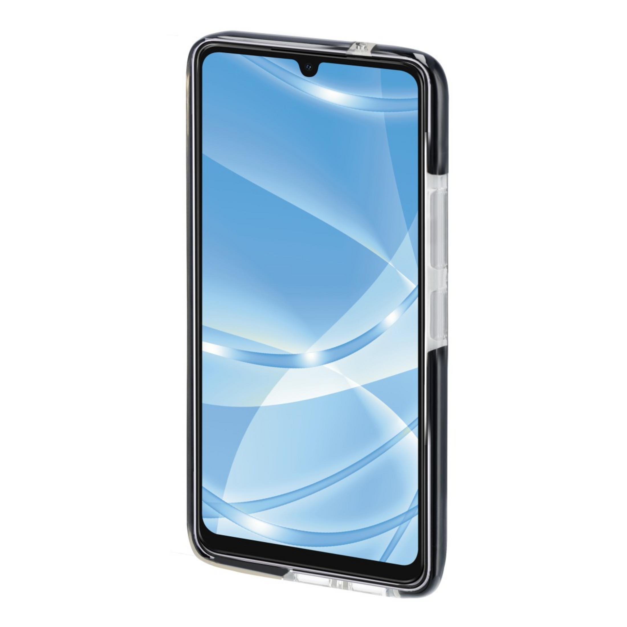Un telefono in una custodia trasparente con bordi neri, che mostra uno schermo blu.