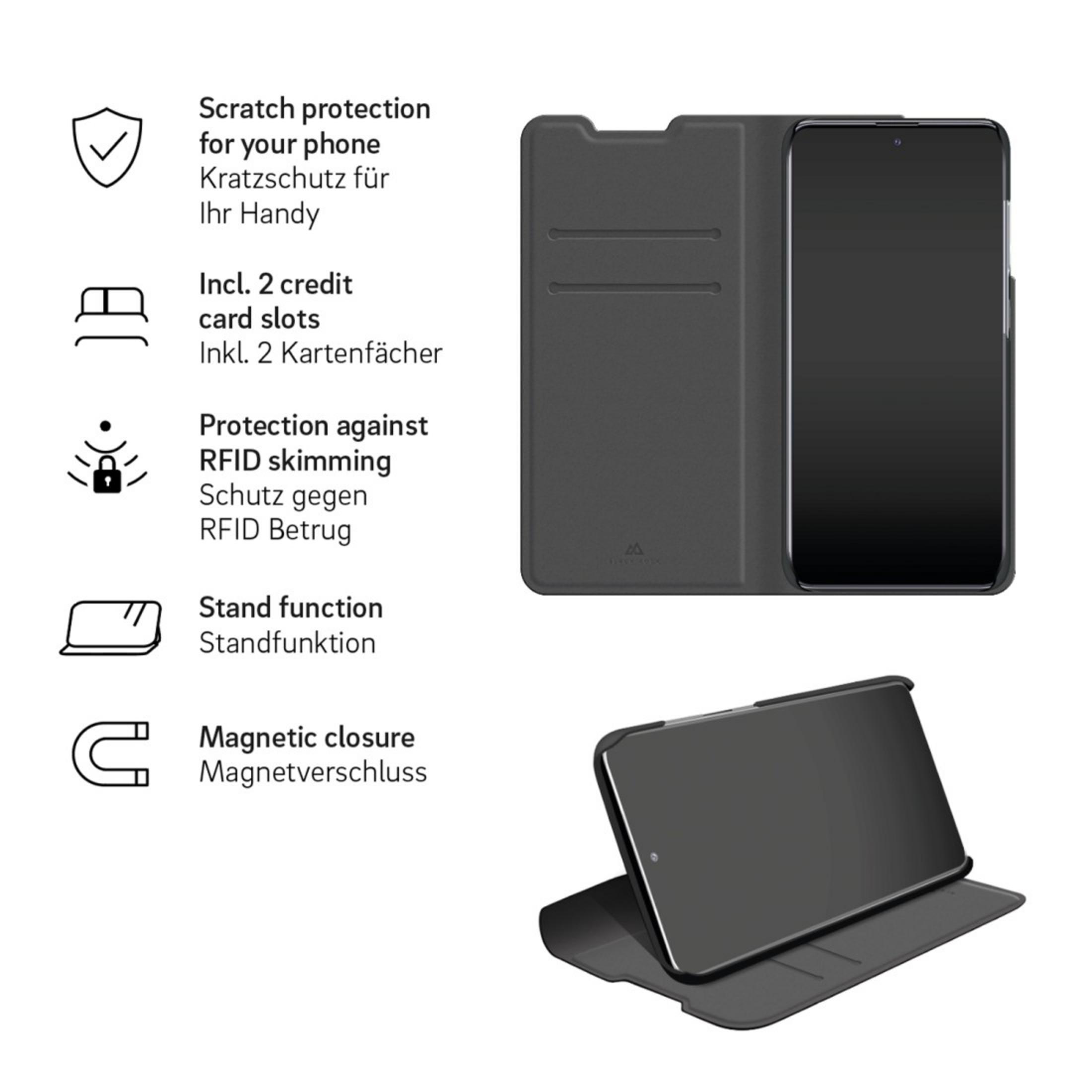 Custodia nera con telefono nero. Il testo descrive le caratteristiche come la protezione RFID.
