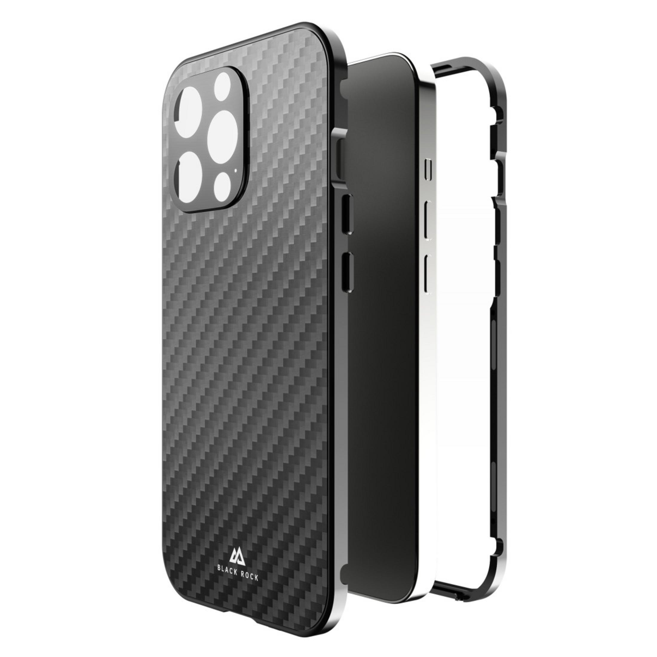 Schwarze Handyhülle mit Carbonfaser-Design, mit abgenommenem Telefon.