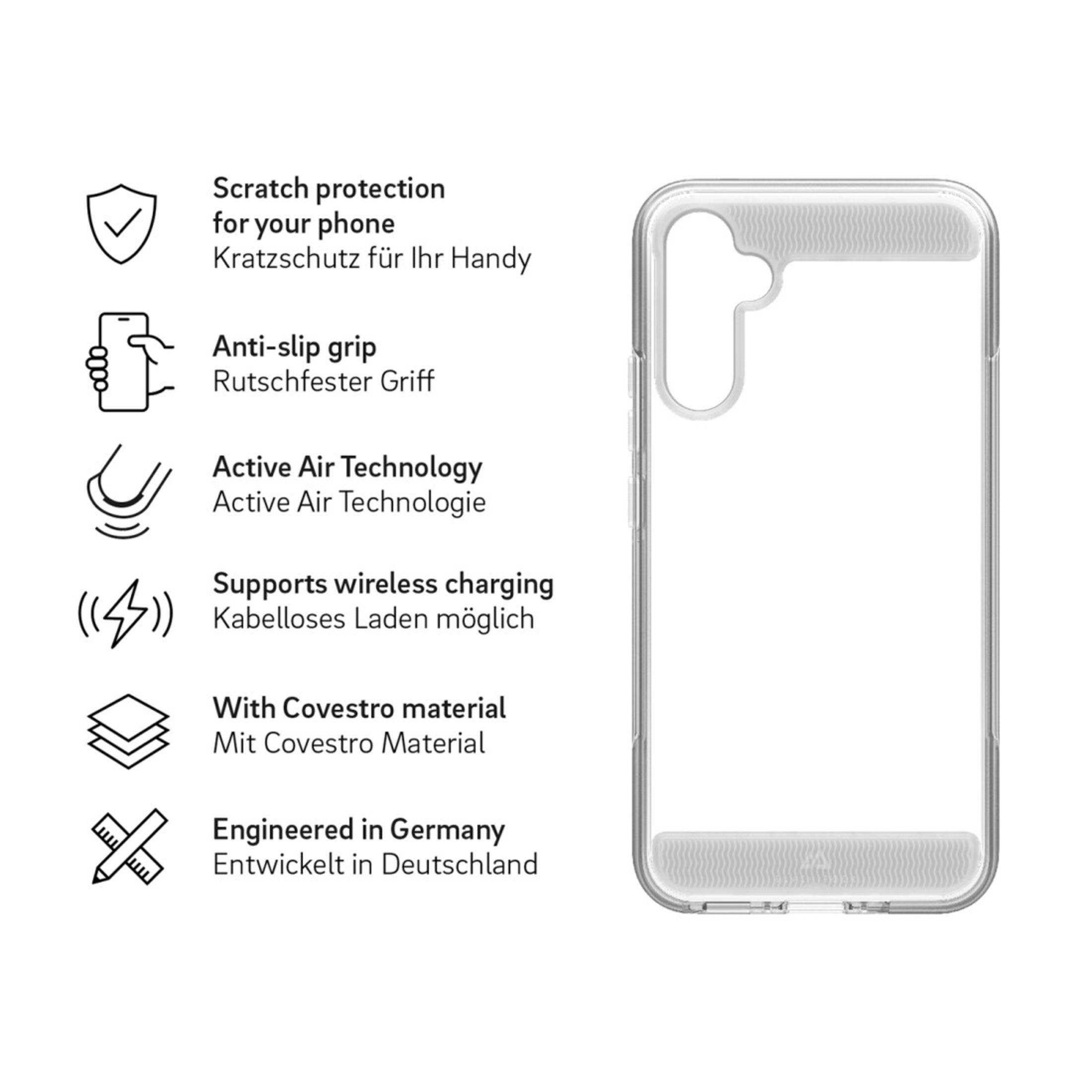 Custodia trasparente con icone. La custodia è vuota, con un design che promuove le funzioni.