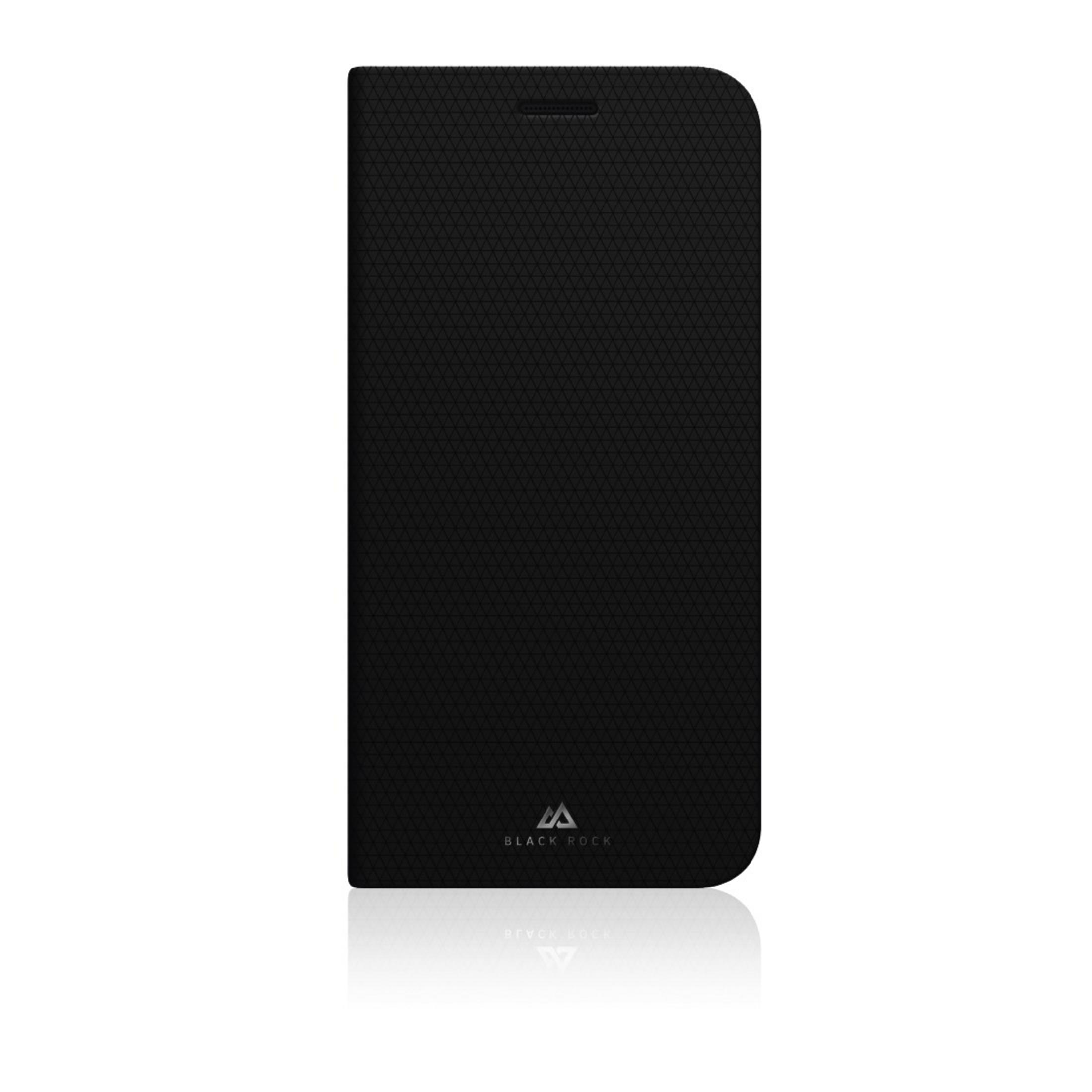 Custodia per telefono nera con motivo strutturato. Logo Black Rock. Sfondo bianco.