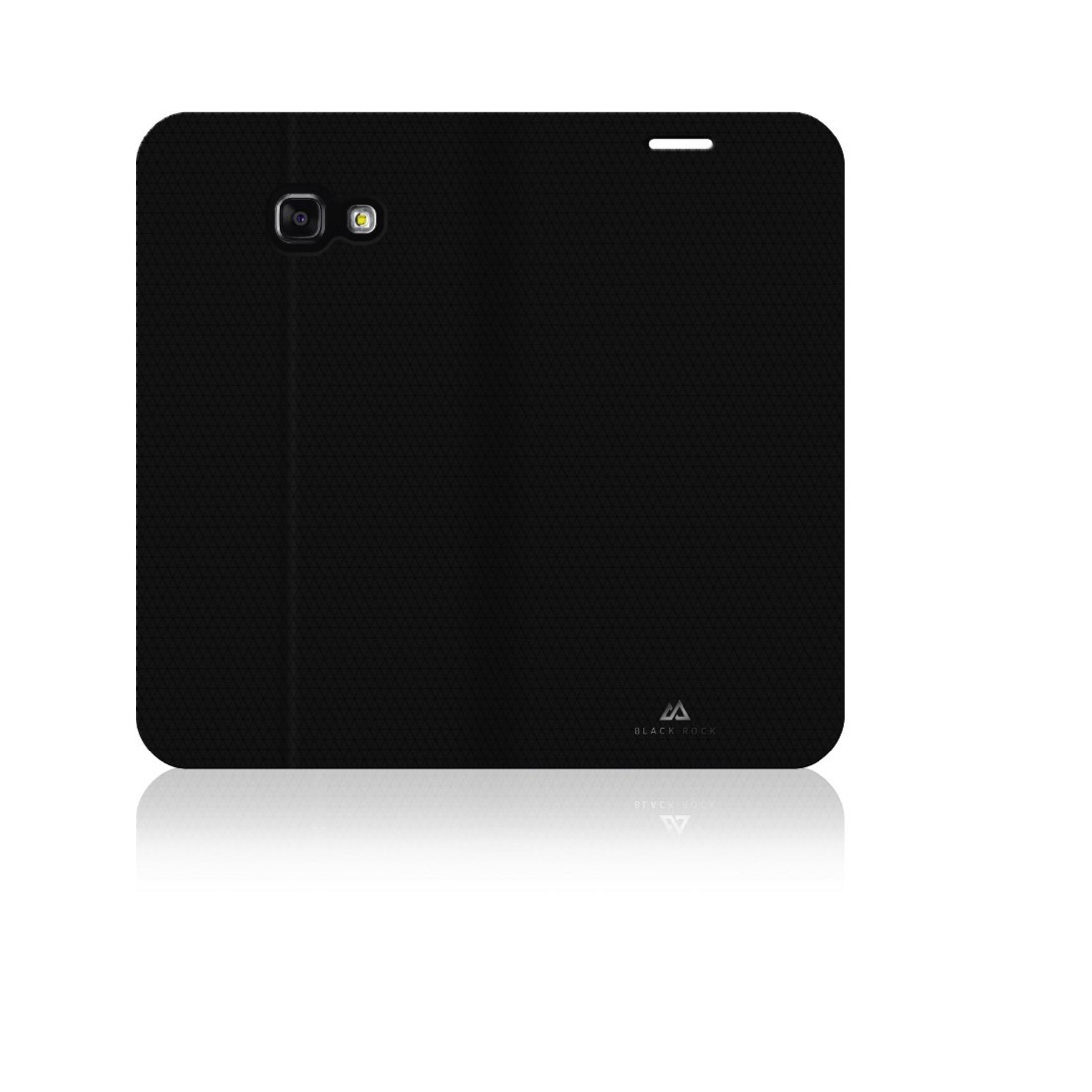 Custodia per telefono nera con fotocamera e logo, con riflesso.