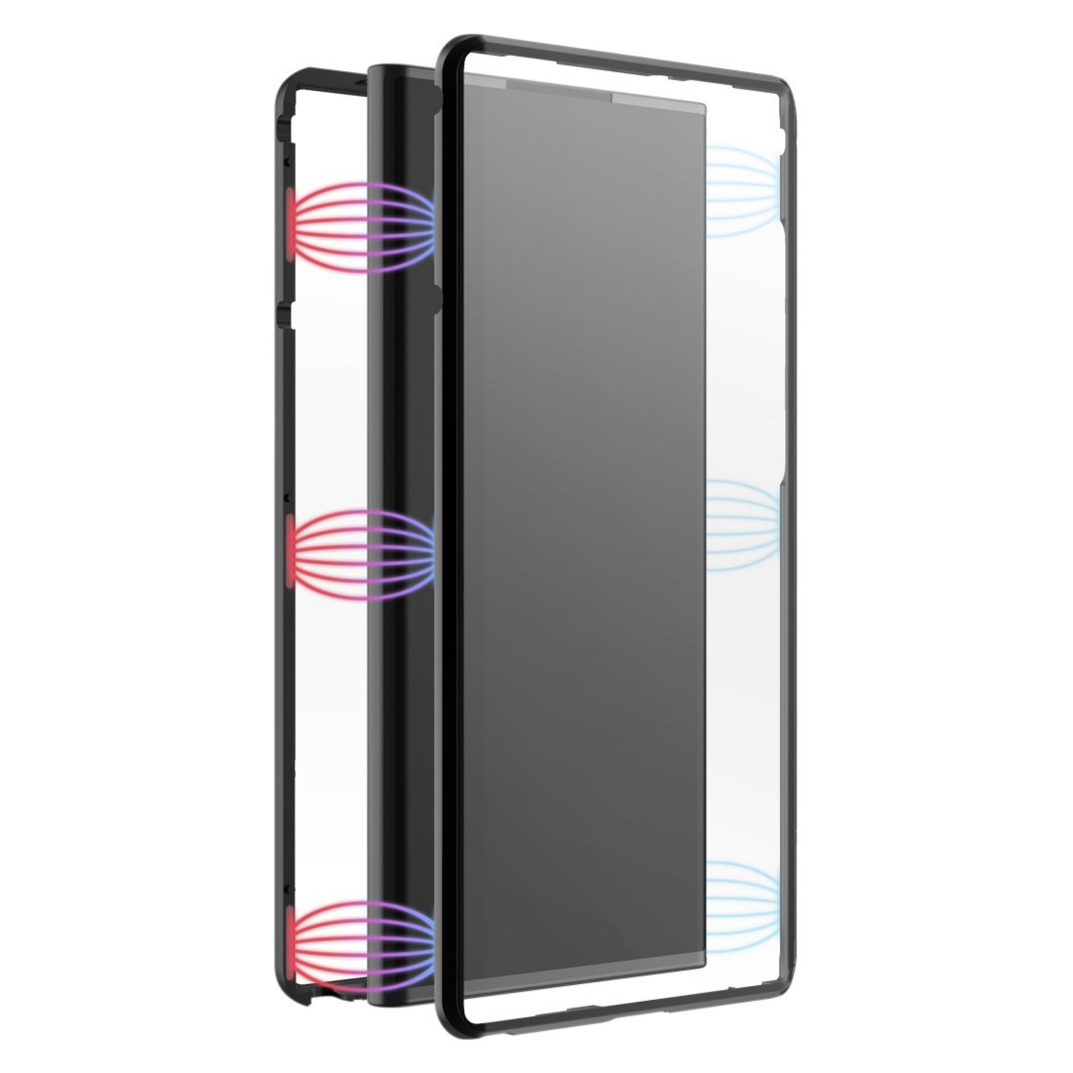 Telefon mit schwarzem Rahmen und rot/blauen Luftströmungslinien zum Schutz.