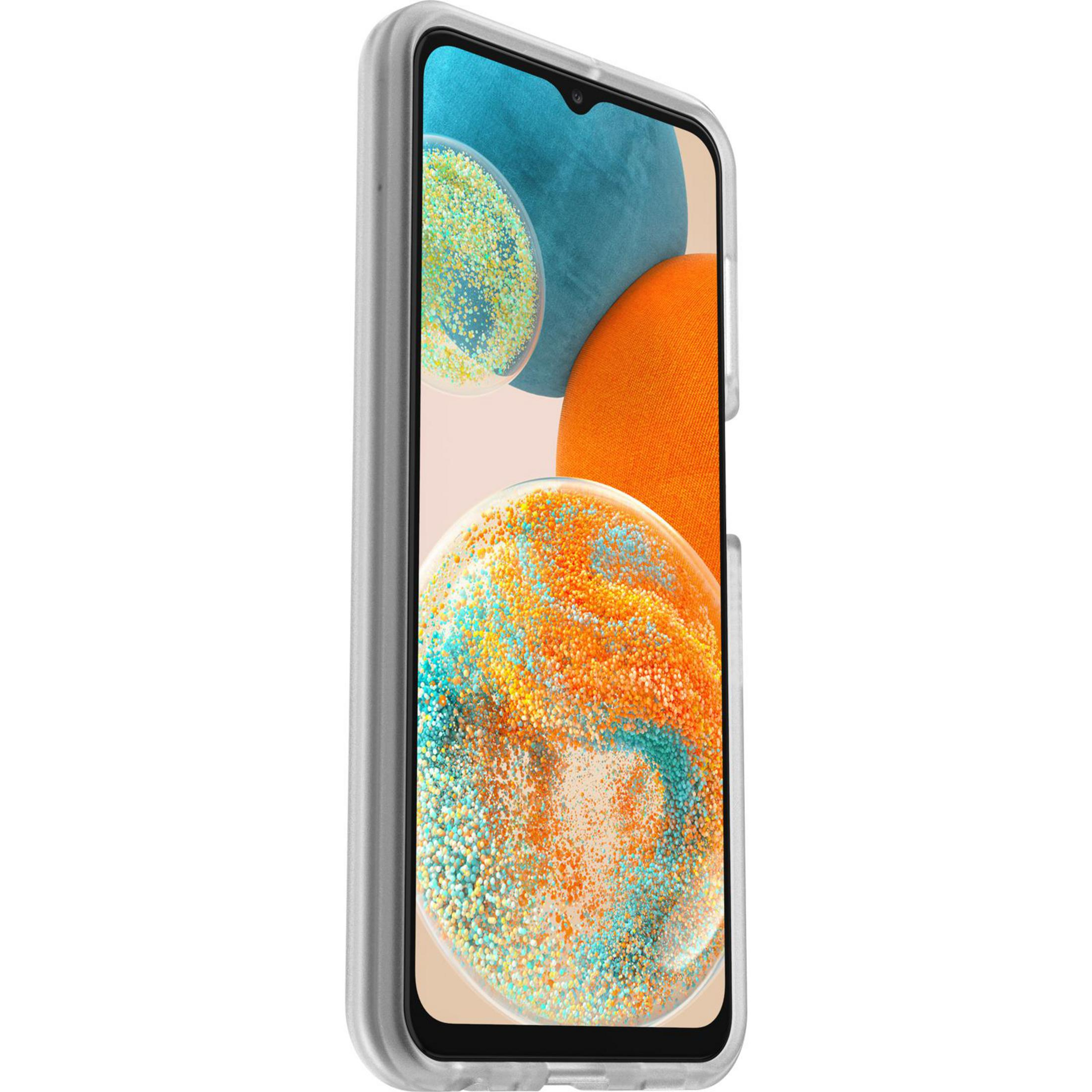 Telefon in einer transparenten Hülle. Der Bildschirm hat einen bunten Hintergrund mit abstrakten Formen.
