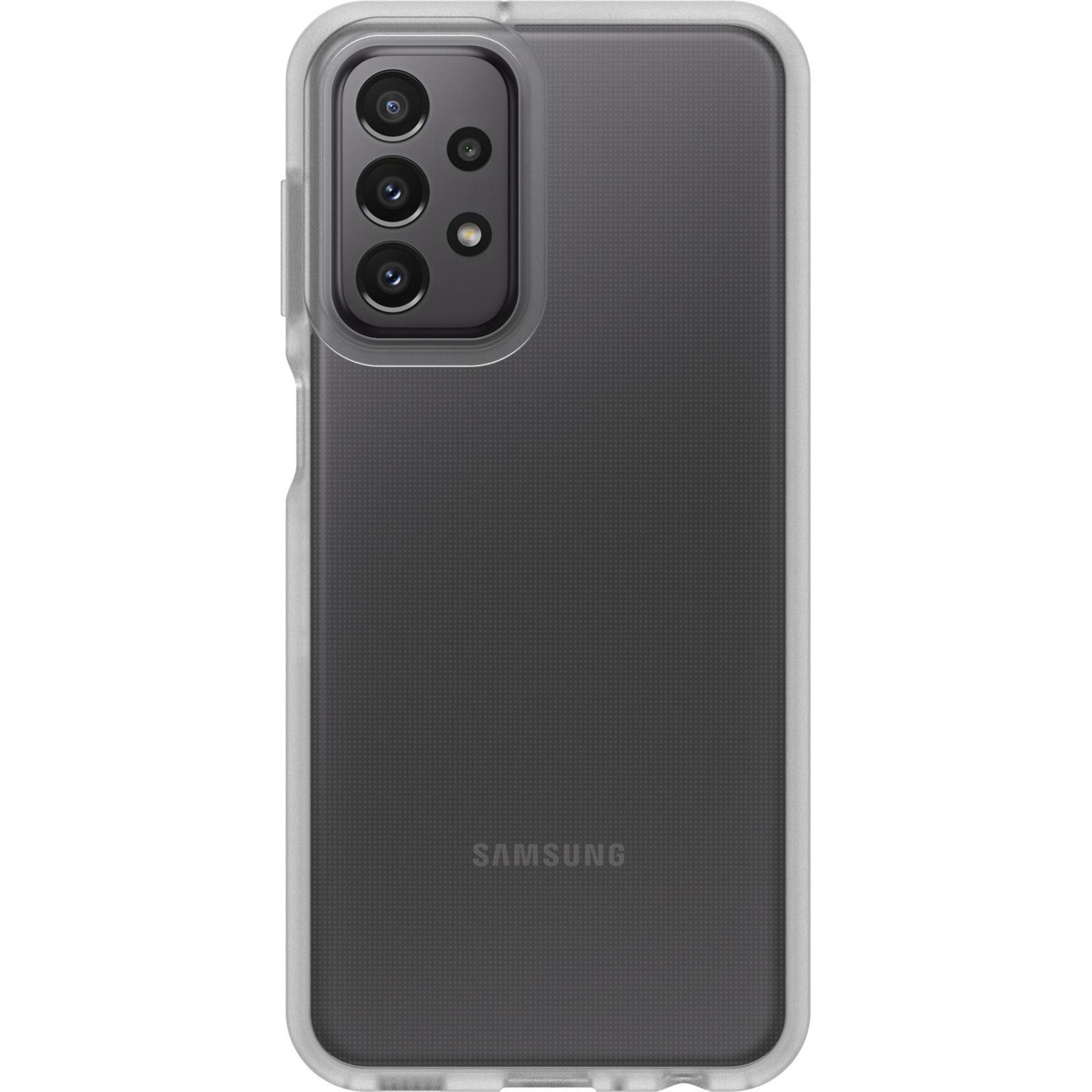 Transparente Handyhülle auf grauem Handy. Die Hülle ist transparent mit grauem Rücken.