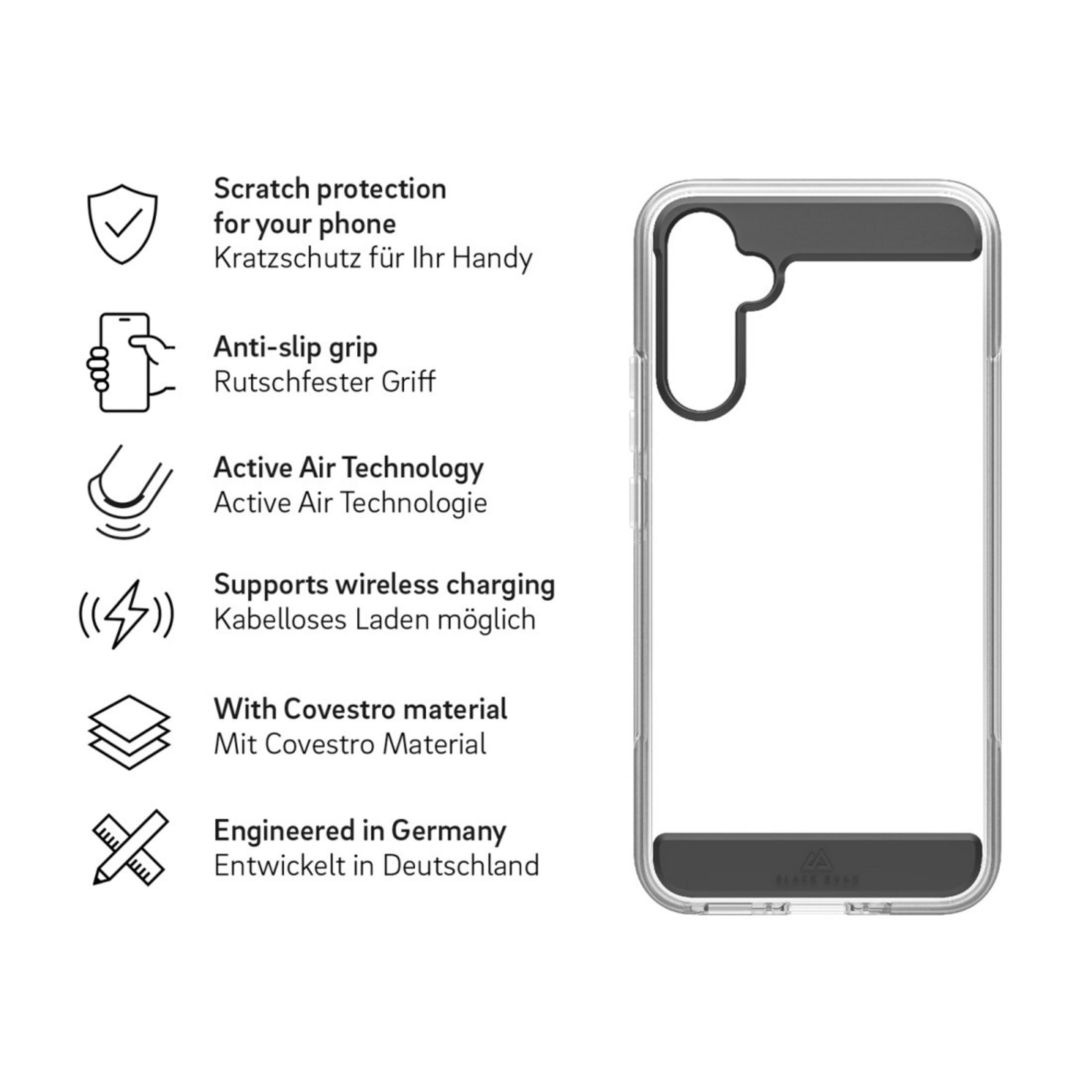 Sfondo bianco, custodia del telefono con testo su protezione dai graffi, antiscivolo e ricarica wireless.