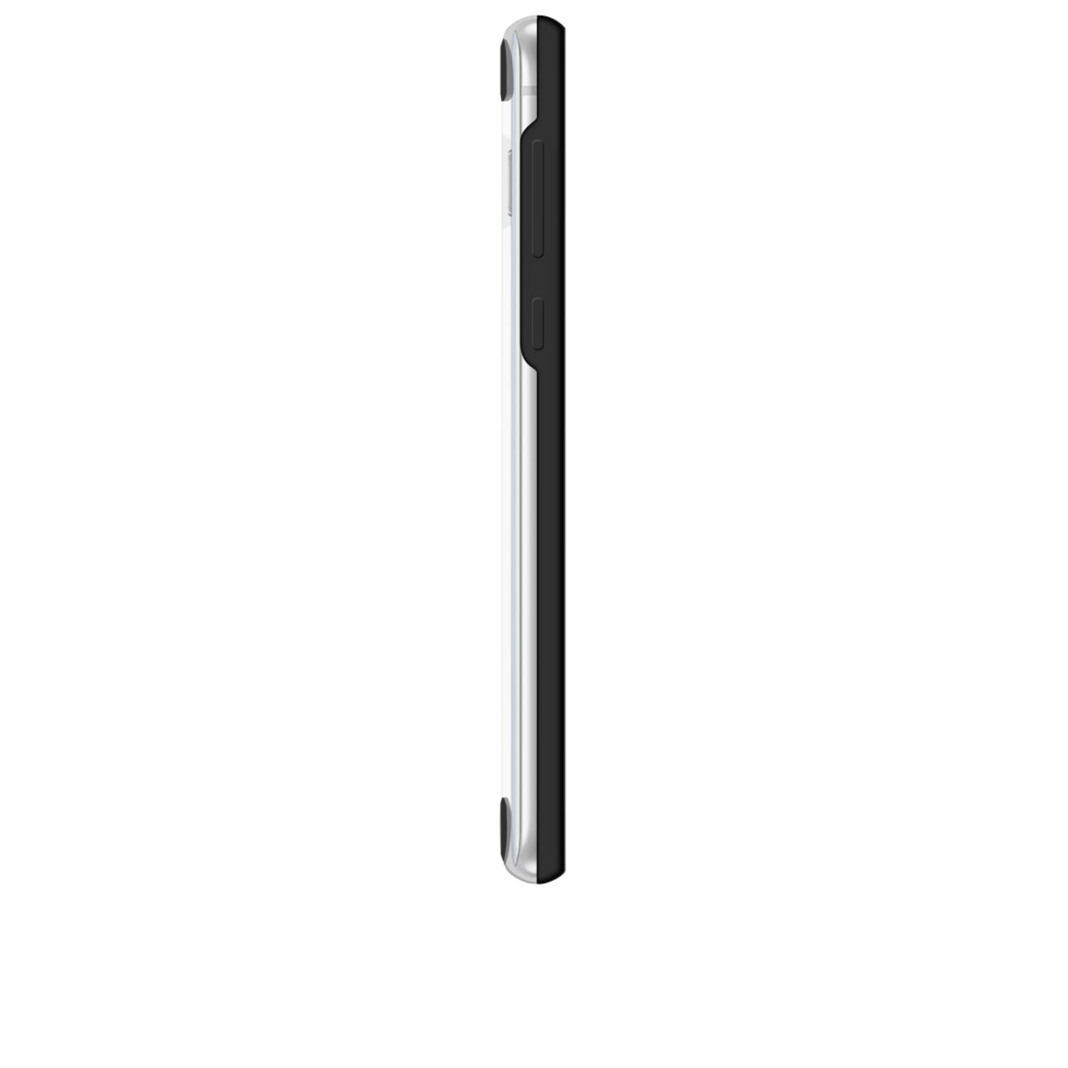 Téléphone de côté, coque transparente. Côté noir avec boutons. Fond blanc.