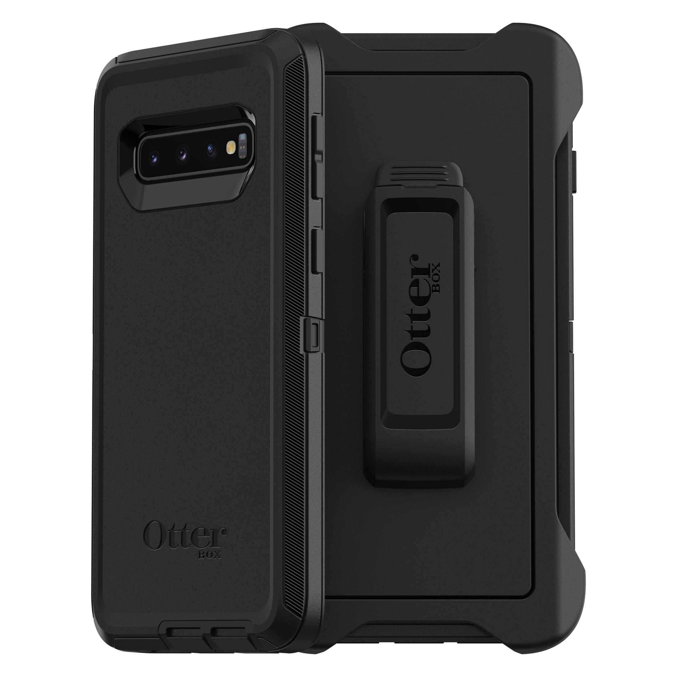 Schwarze Handyhülle mit Telefon und Gürtelclip. Der Clip hat das Otterbox-Logo.