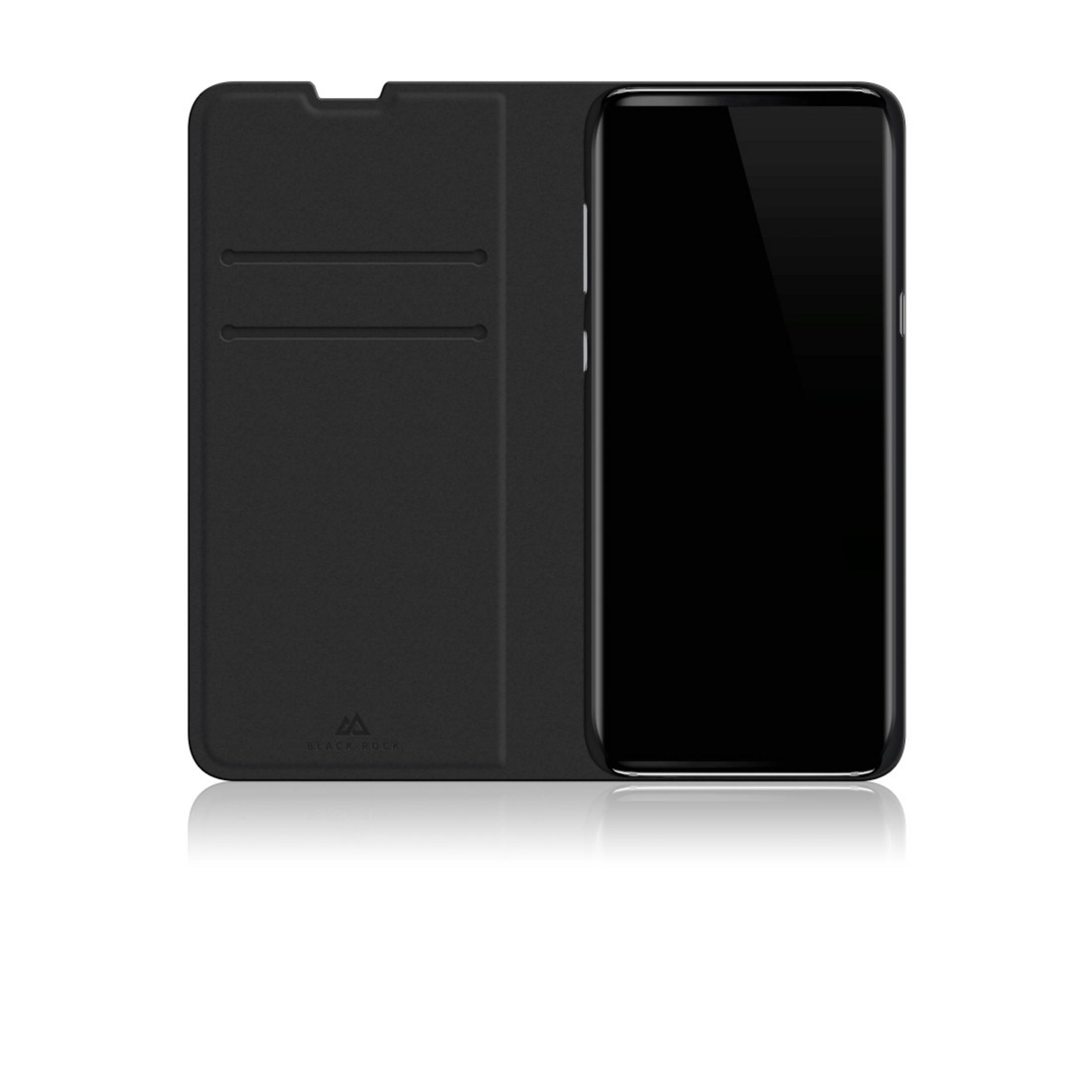 Schwarze Handyhülle mit zwei Kartenfächern und Telefon mit schwarzem Bildschirm.