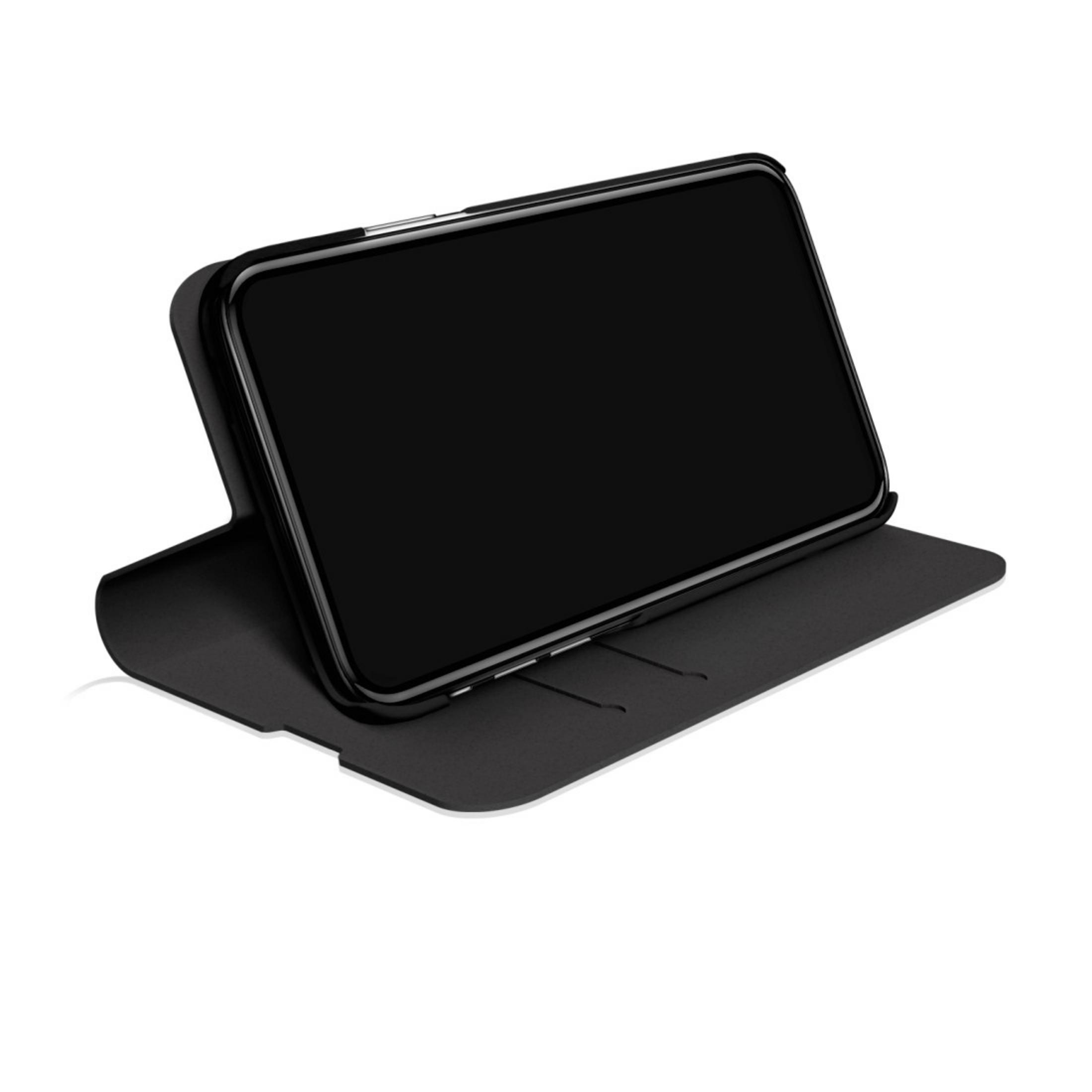 Schwarzes Telefon in schwarzer Hülle. Hülle ist offen und lehnt auf Basis.