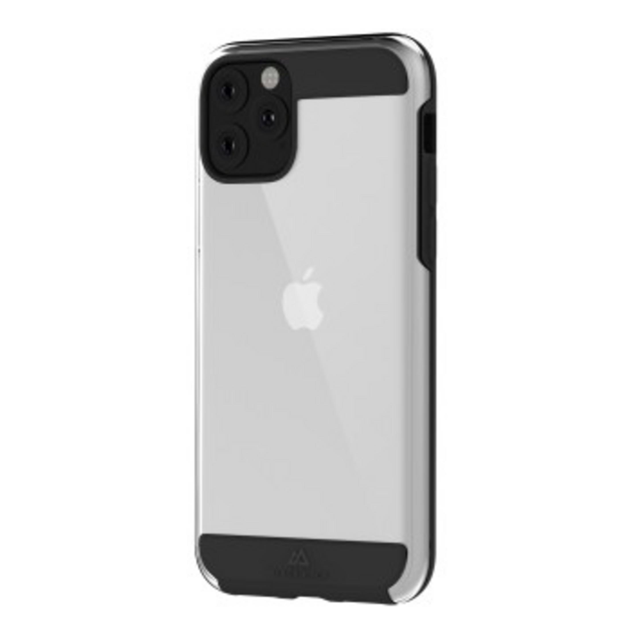 Custodia trasparente per telefono con dettagli neri e logo Apple. Lo sfondo è bianco.