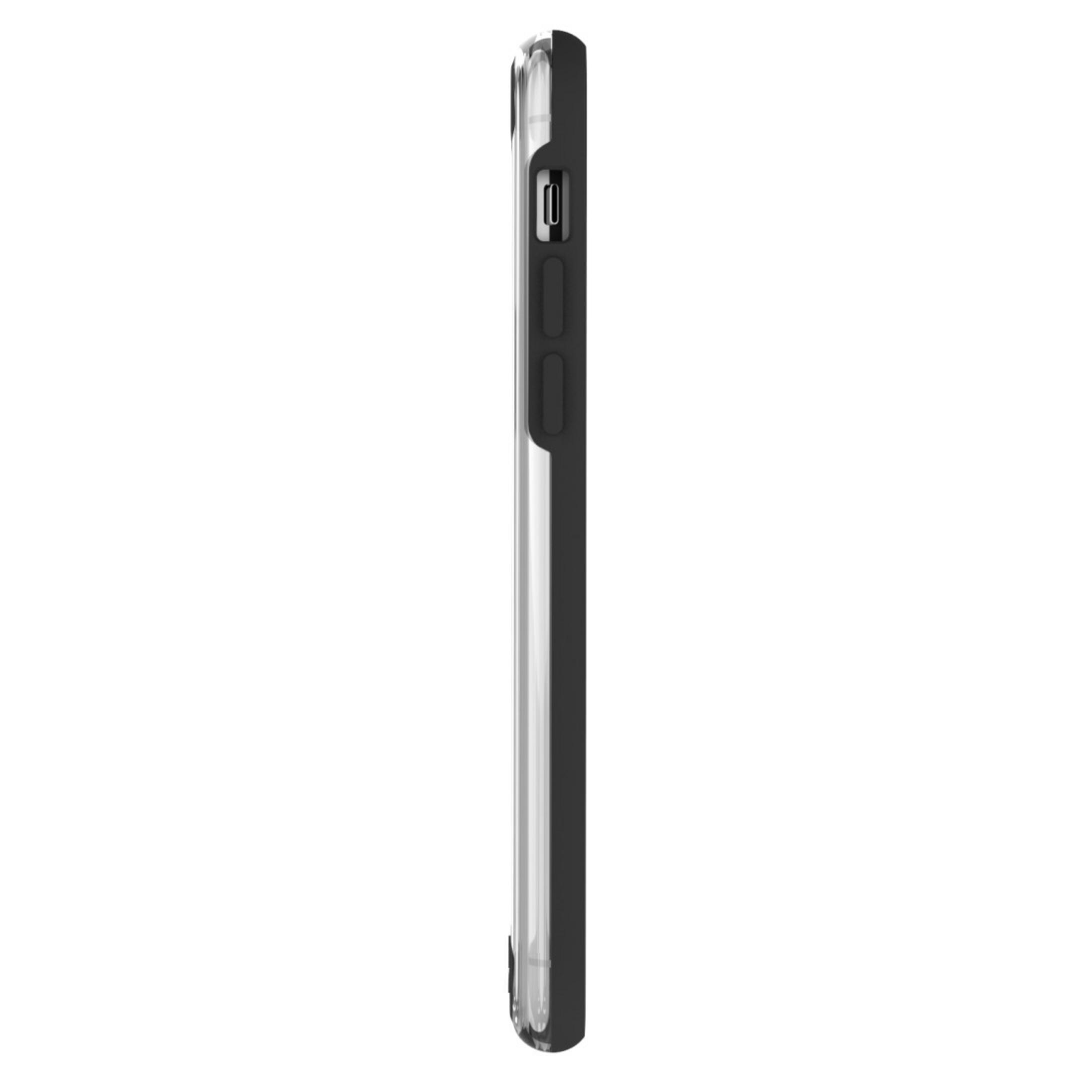 Handyhülle Seitenansicht, schwarz und transparent. Das Telefon ist nicht sichtbar, zeigt die Gehäuseseite.
