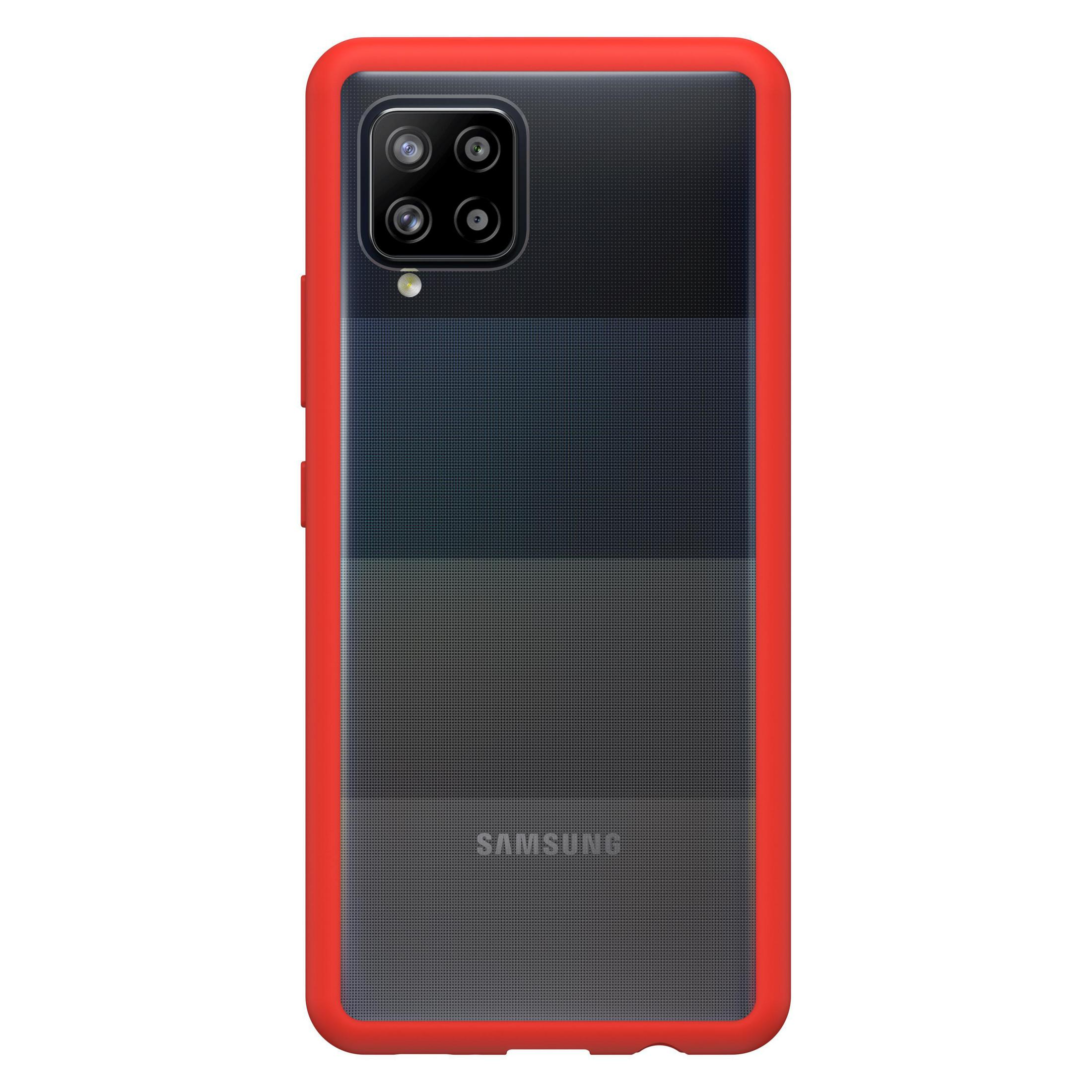 Rote Handyhülle mit rotem Rahmen. Samsung-Logo. Weißer Hintergrund.