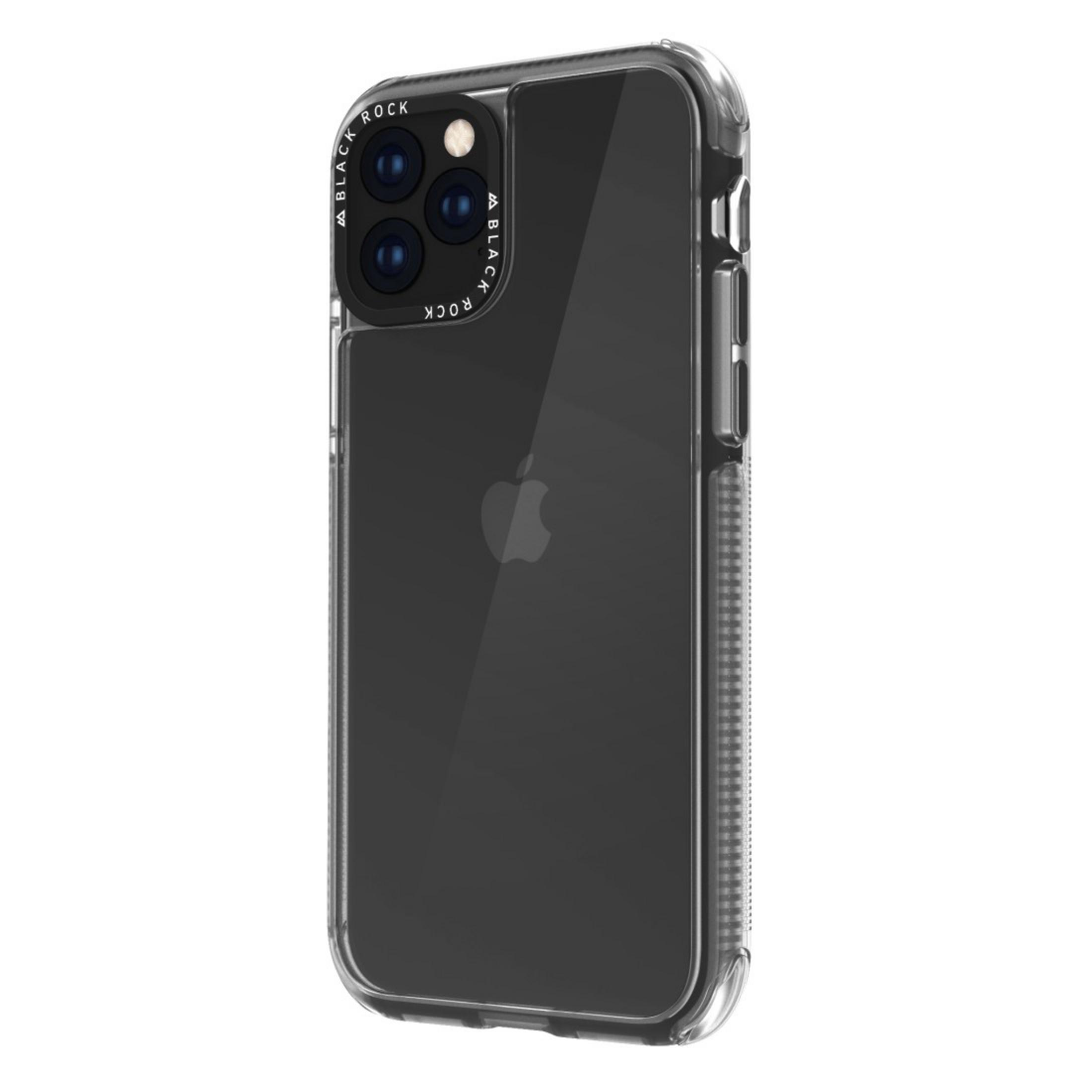 Custodia protettiva nera. Tre obiettivi della fotocamera. Sfondo bianco.