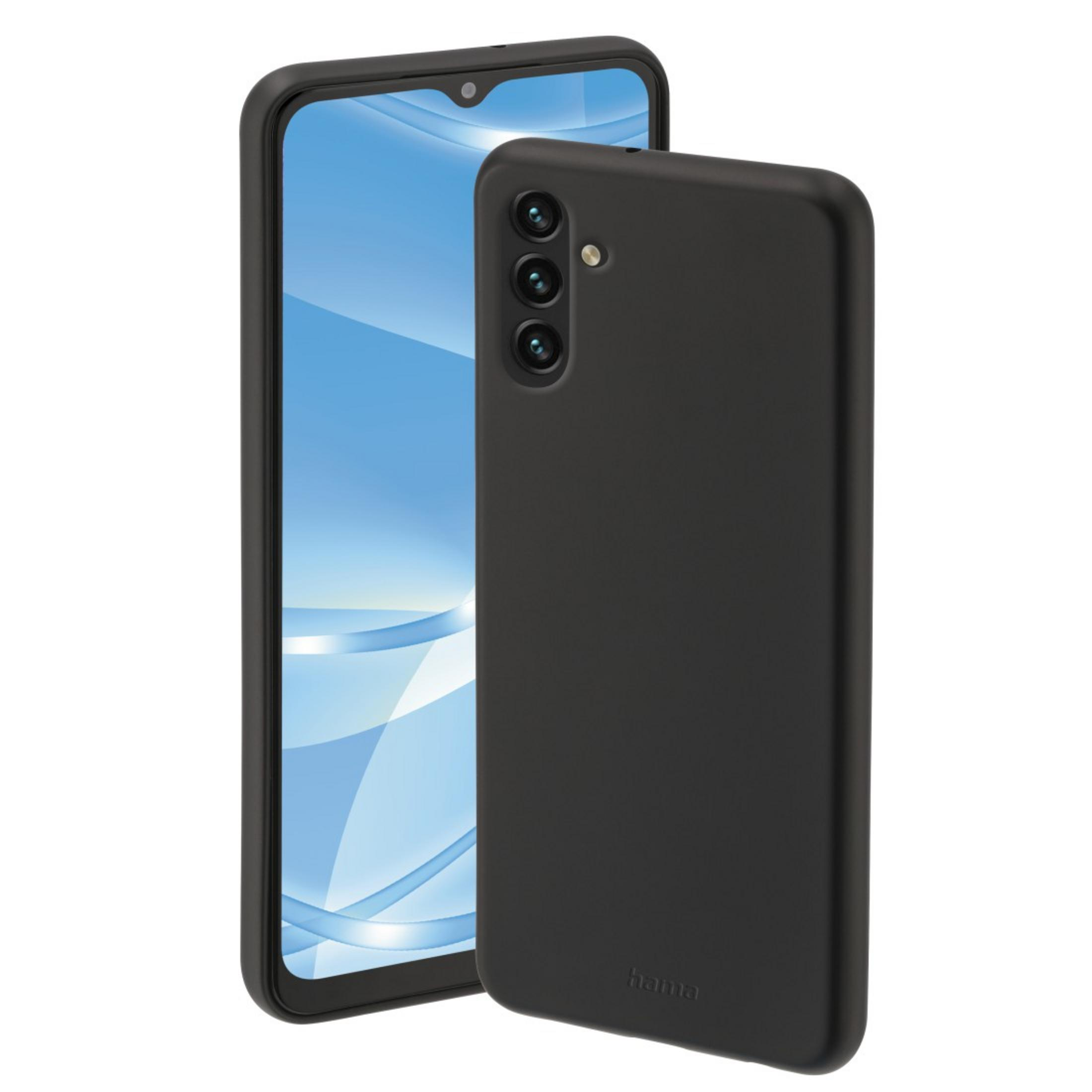Custodia e telefono neri. Il telefono ha una cornice nera e un display blu. La custodia è nera.