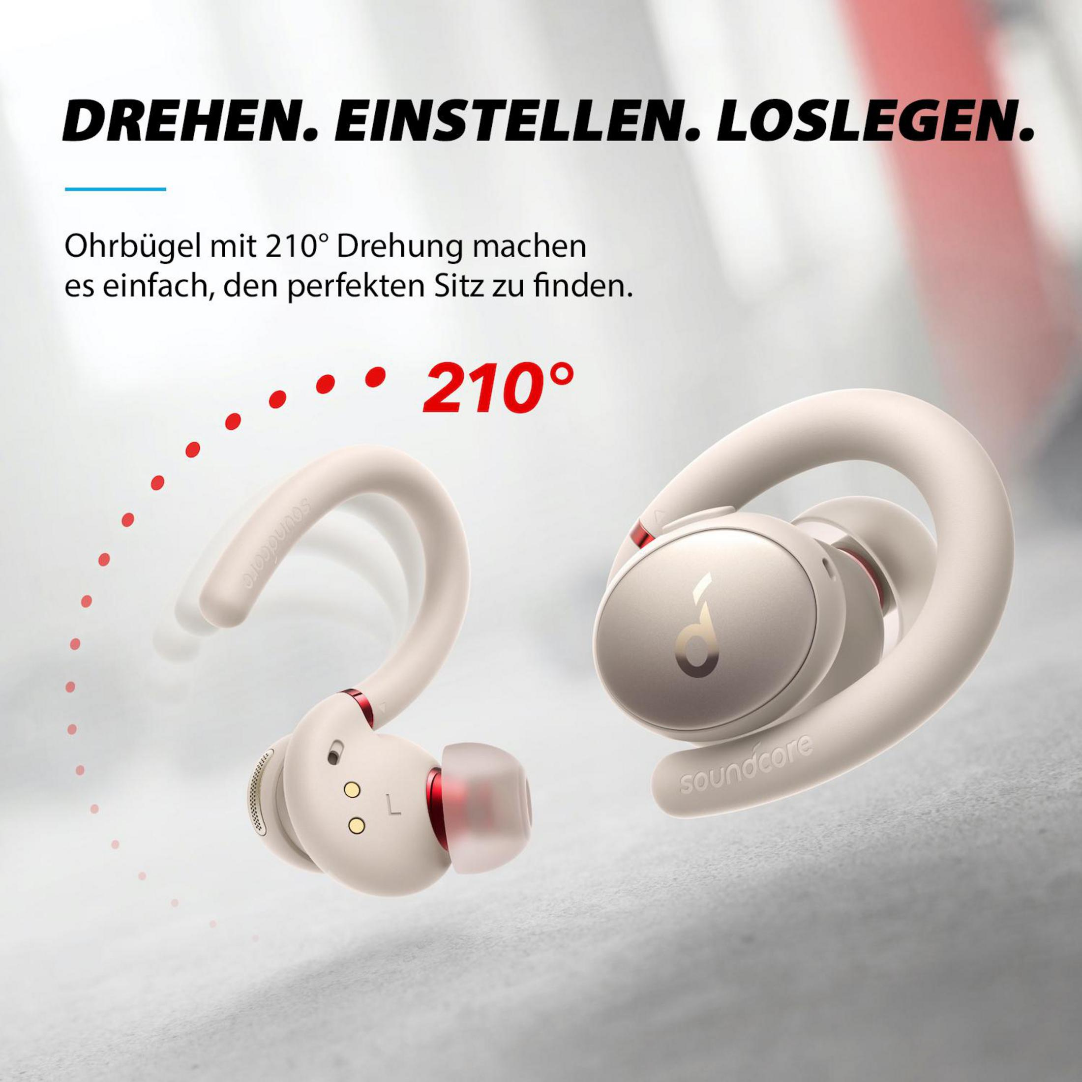 Auriculares con ganchos para las orejas y una funda. El texto en alemán dice: Drehen, Einstellen, Loslegen.