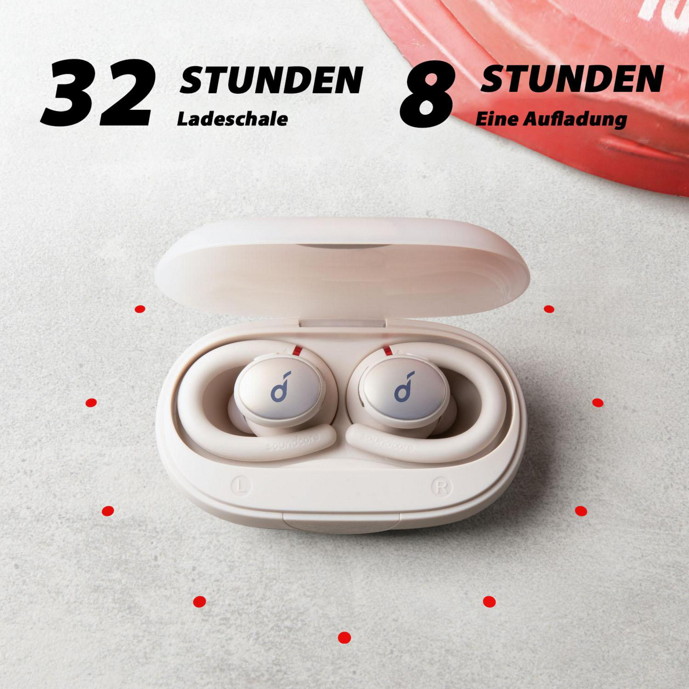 Auriculares blancos en un estuche de carga. Texto indica 32 horas de carga y 8 horas de uso.