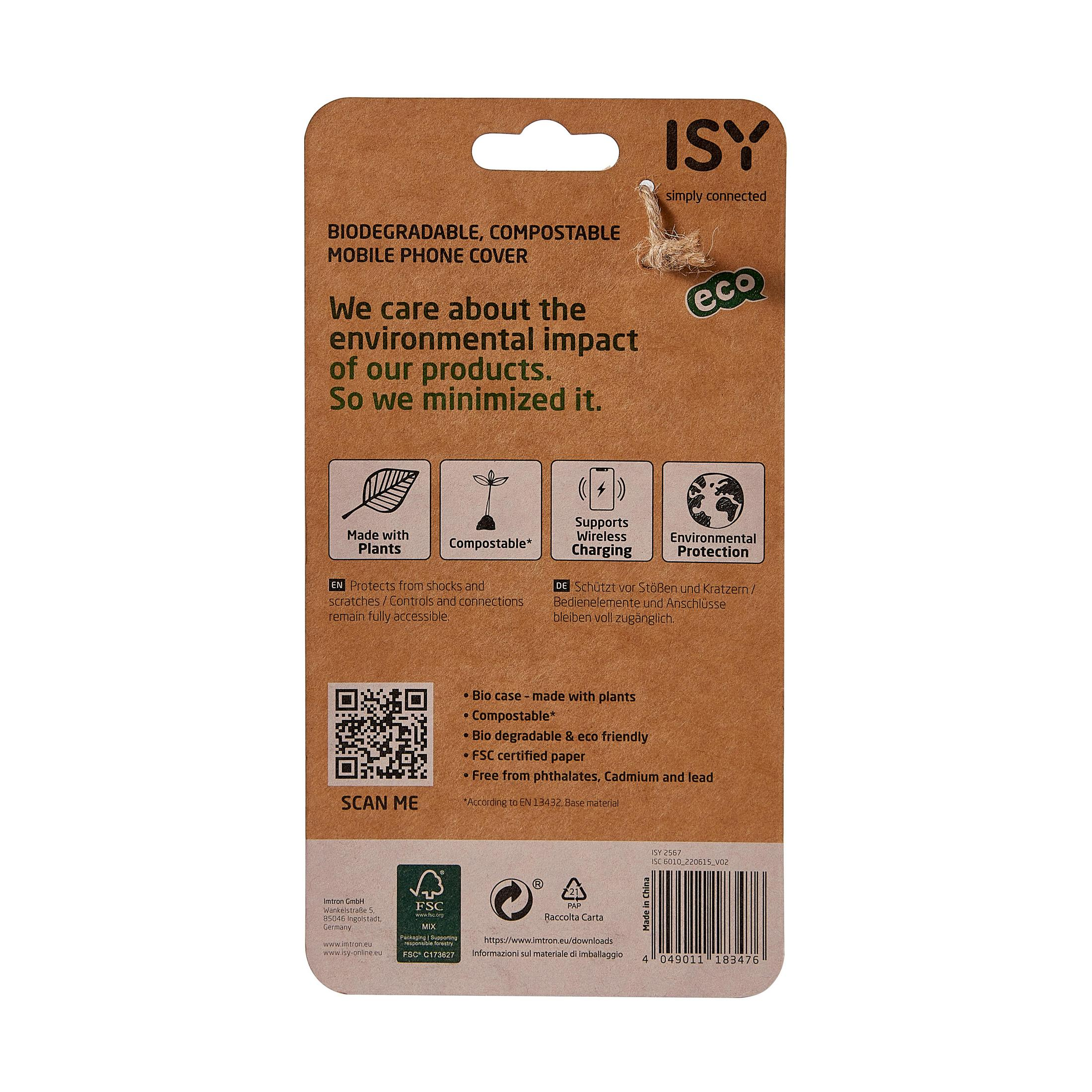 Eine braune Pappverpackung mit Text und Symbolen. Sie hat einen QR-Code und ein kleines Seil.