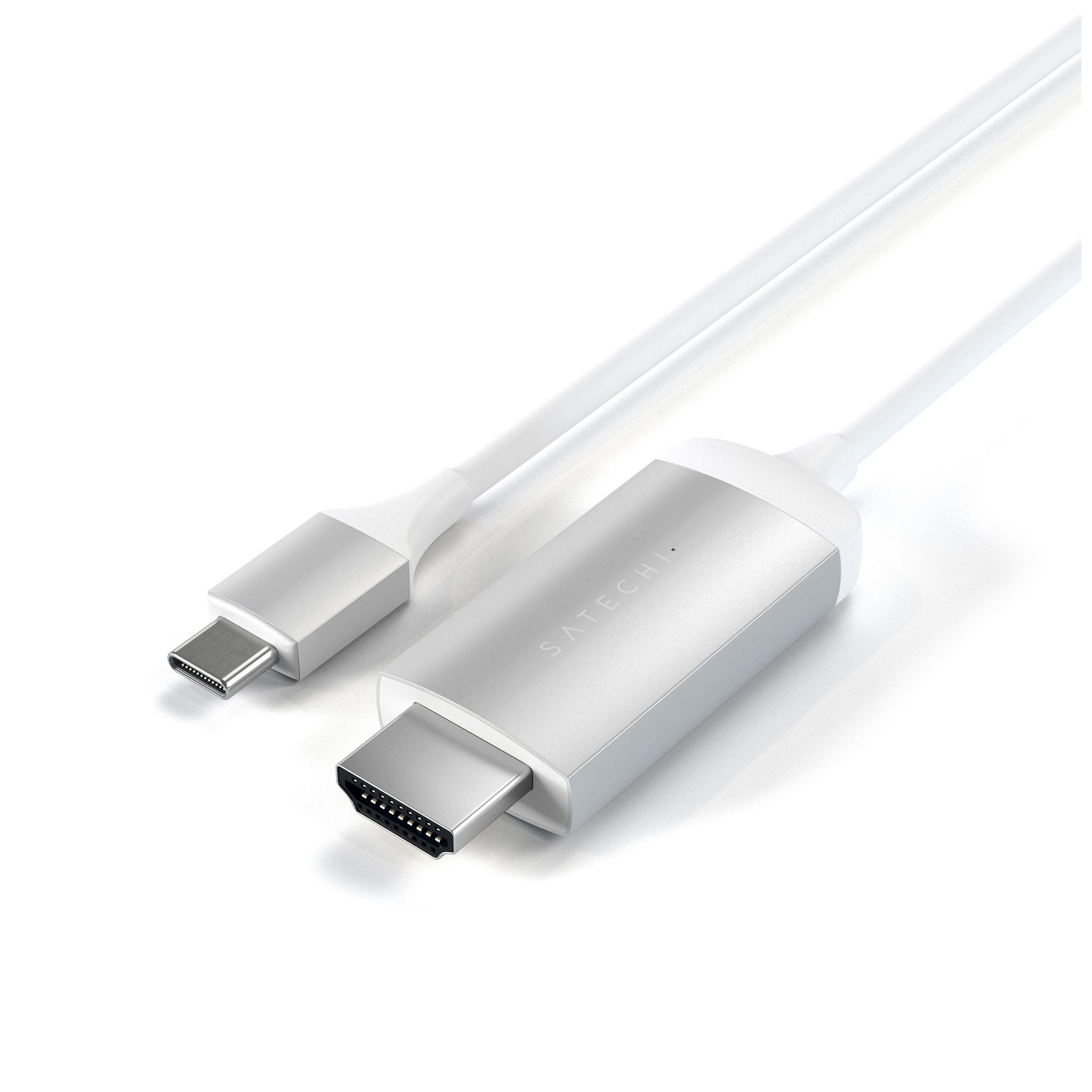Cavo bianco e argento con due estremità: USB-C e HDMI. Sfondo bianco.