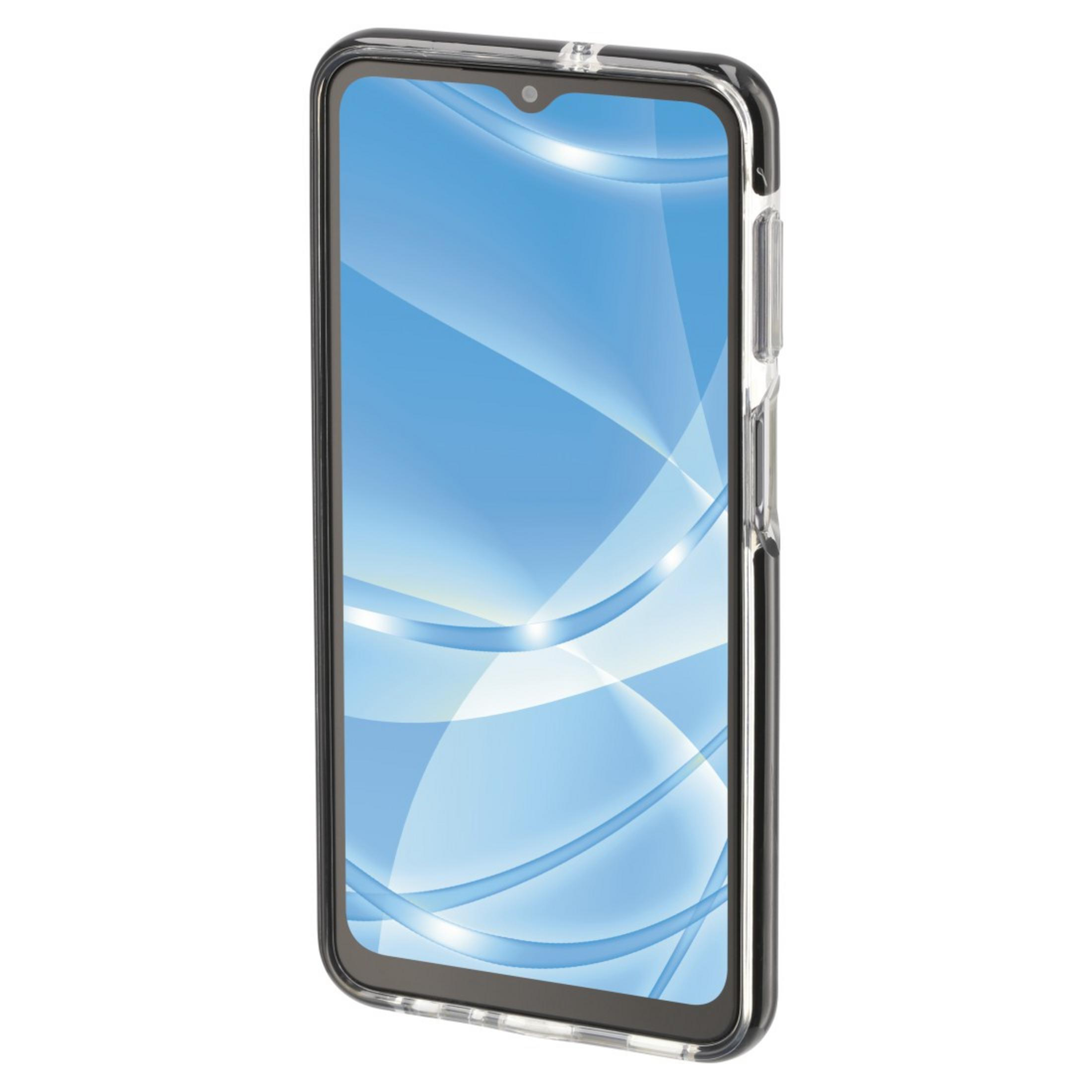 Un telefono in una custodia trasparente. Lo schermo è acceso e mostra l'interfaccia.