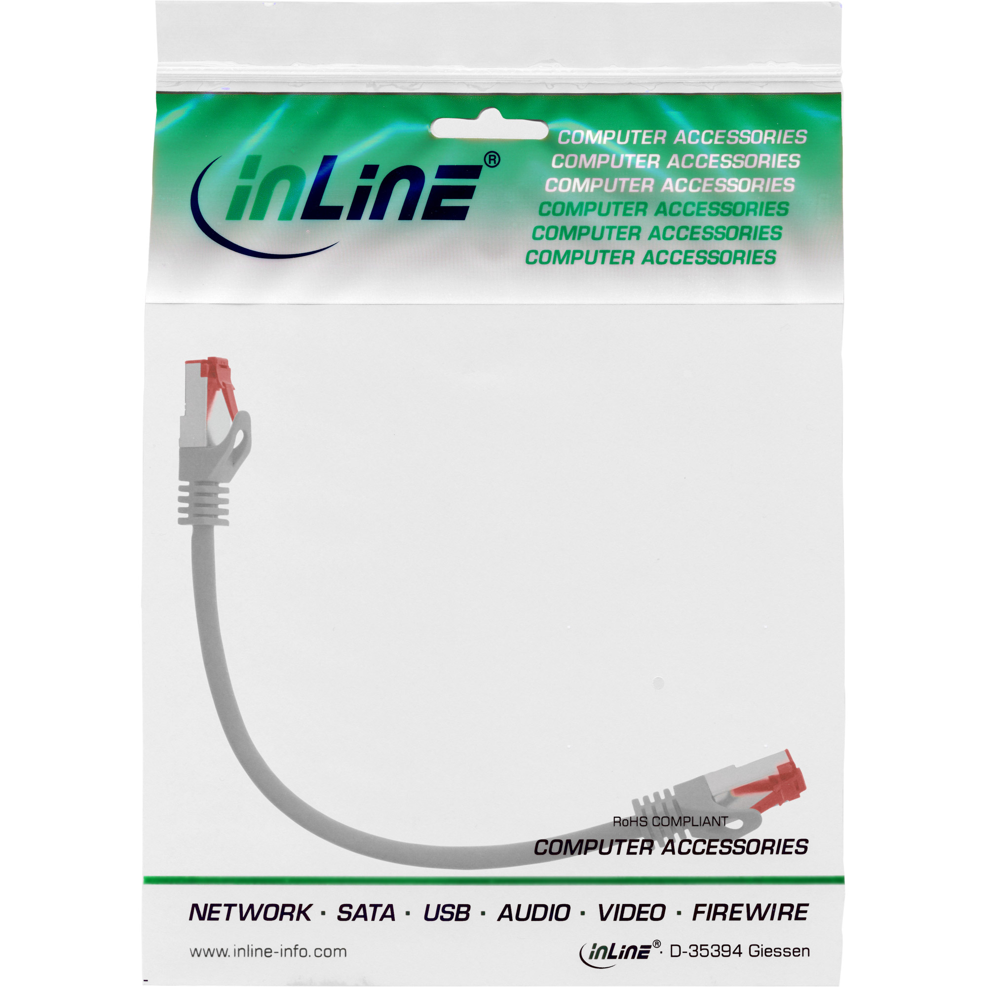 Confezione di un cavo Ethernet. Connettori grigi e rossi. Sfondo bianco.