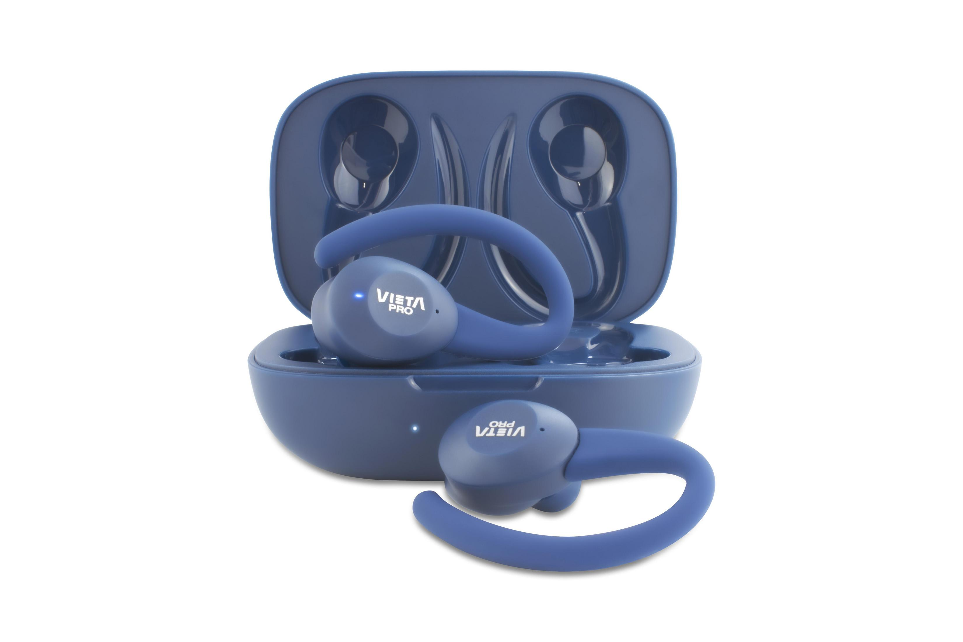 Auricolari wireless blu. La custodia è anch'essa blu. Sfondo bianco.