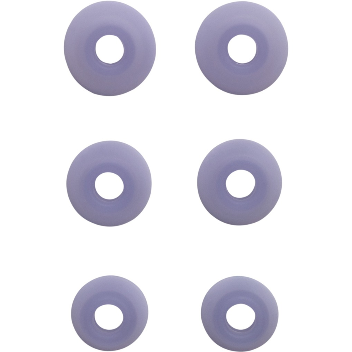 Sześć lawendowych wkładek dousznych, ułożonych w dwóch rzędach po trzy, z otworem pośrodku, na białym tle.