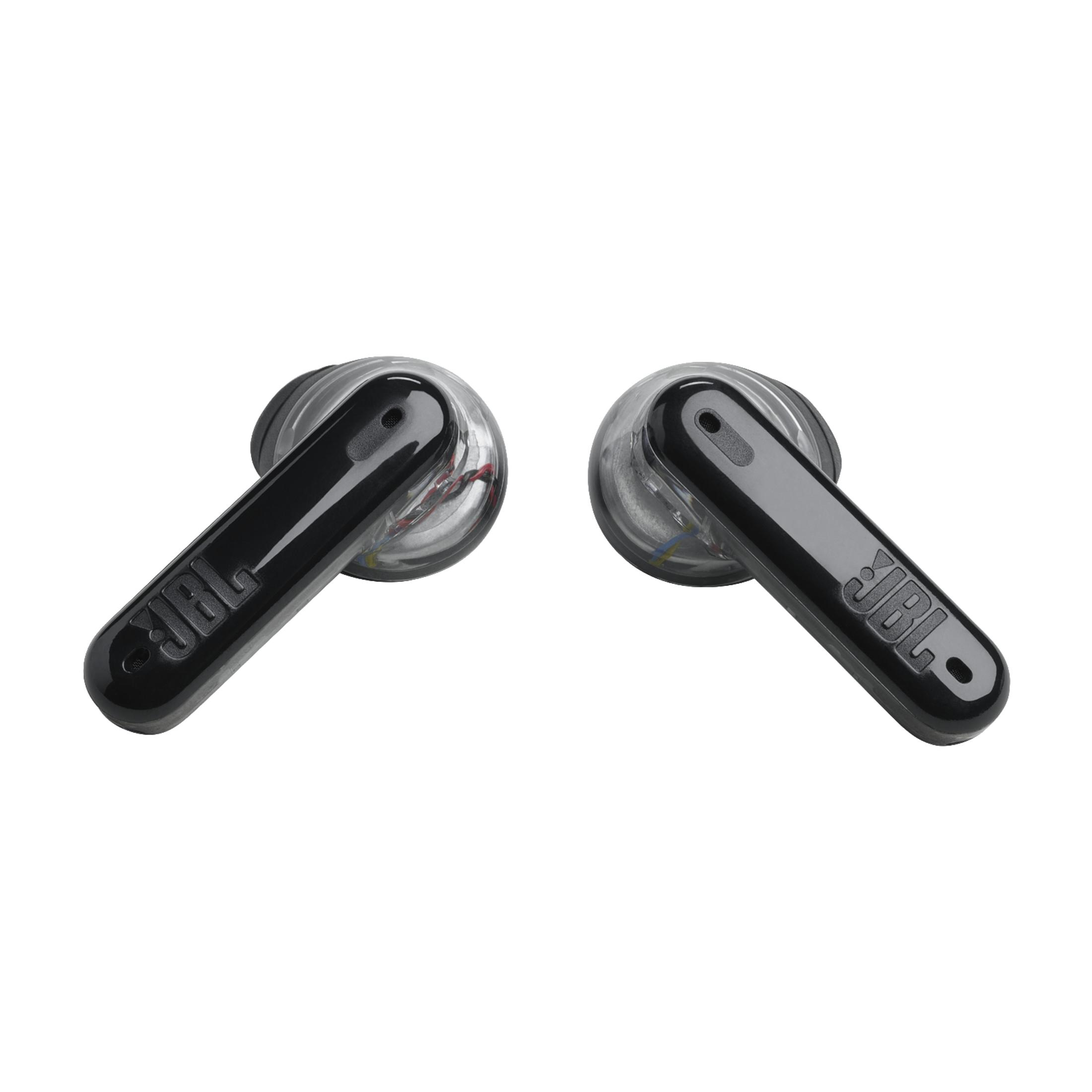 Paio di auricolari JBL neri con elementi trasparenti, angolati, su sfondo bianco.