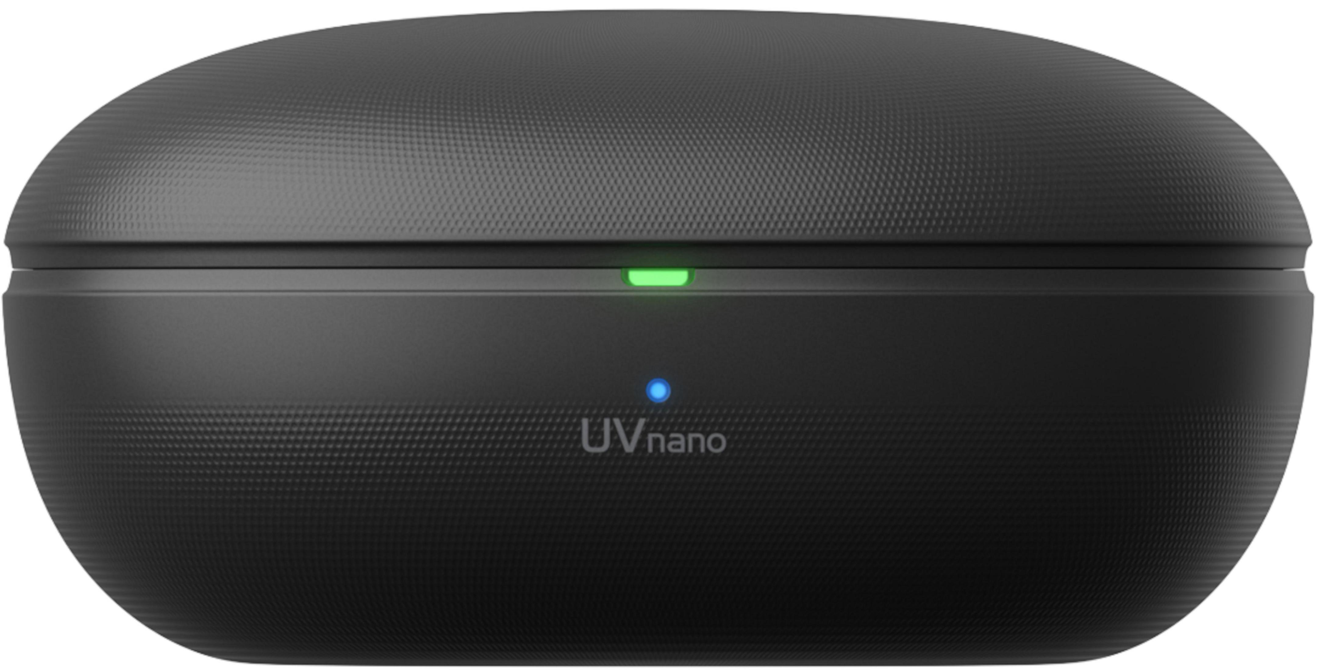Ein schwarzes UV-Nano-Gehäuse ist geschlossen. Ein grünes Licht leuchtet. Ein blaues Licht leuchtet und sagt UV nano.