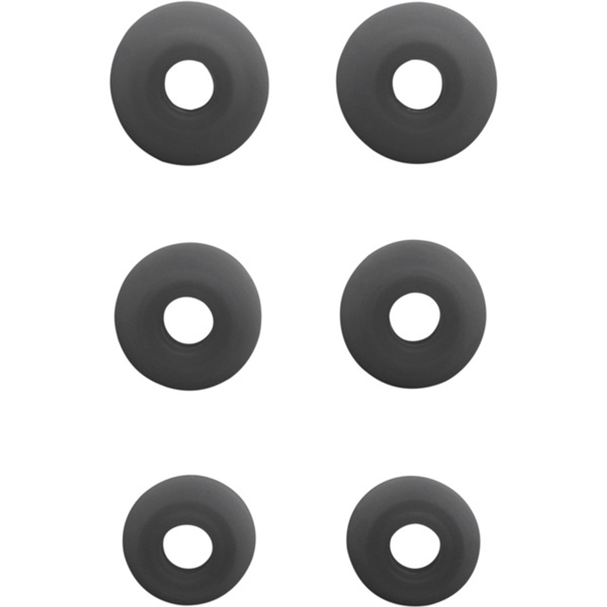 Sześć ciemnoszarych końcówek do uszu na białym tle. Mają otwór pośrodku.