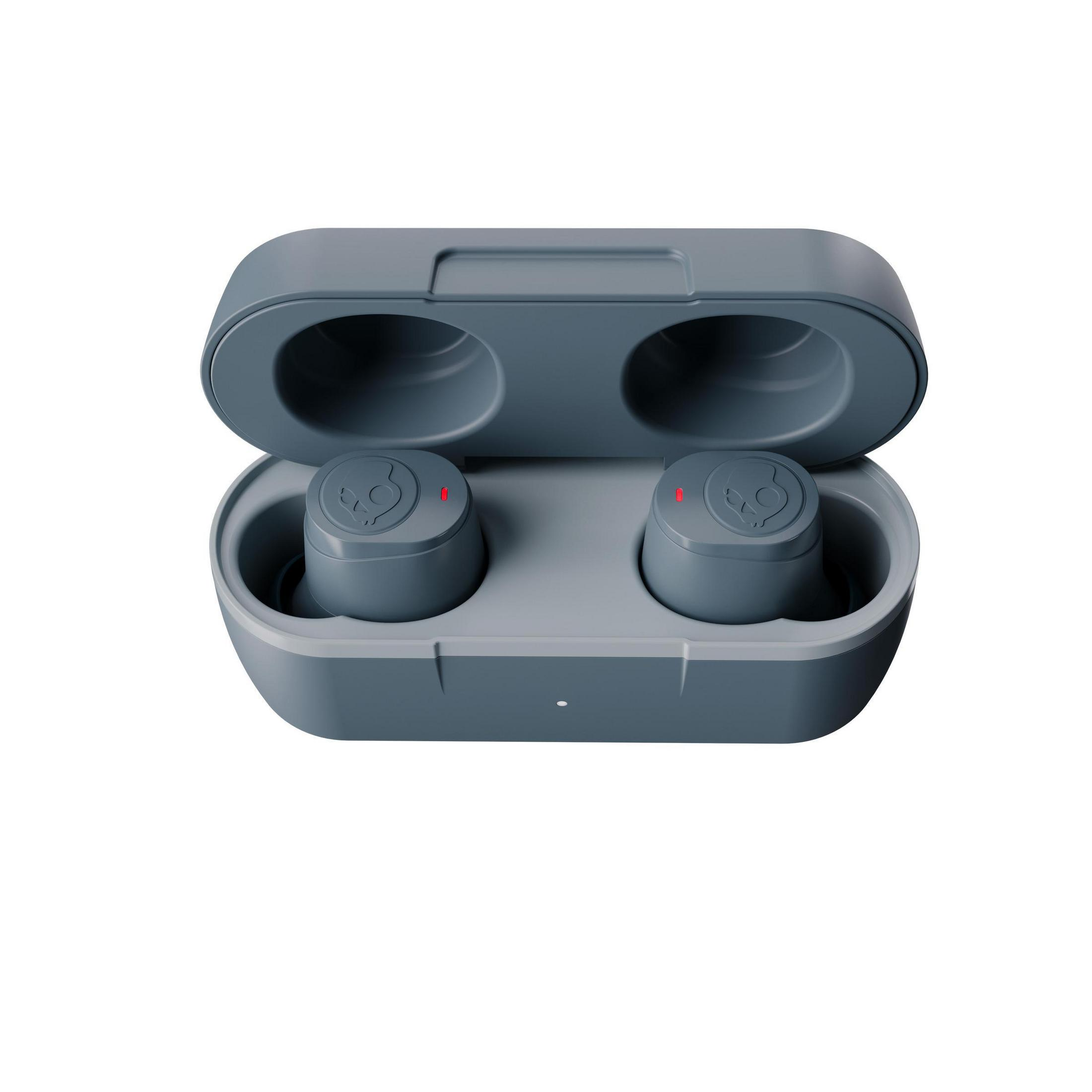 A gray open case with two gray earbuds, white background.