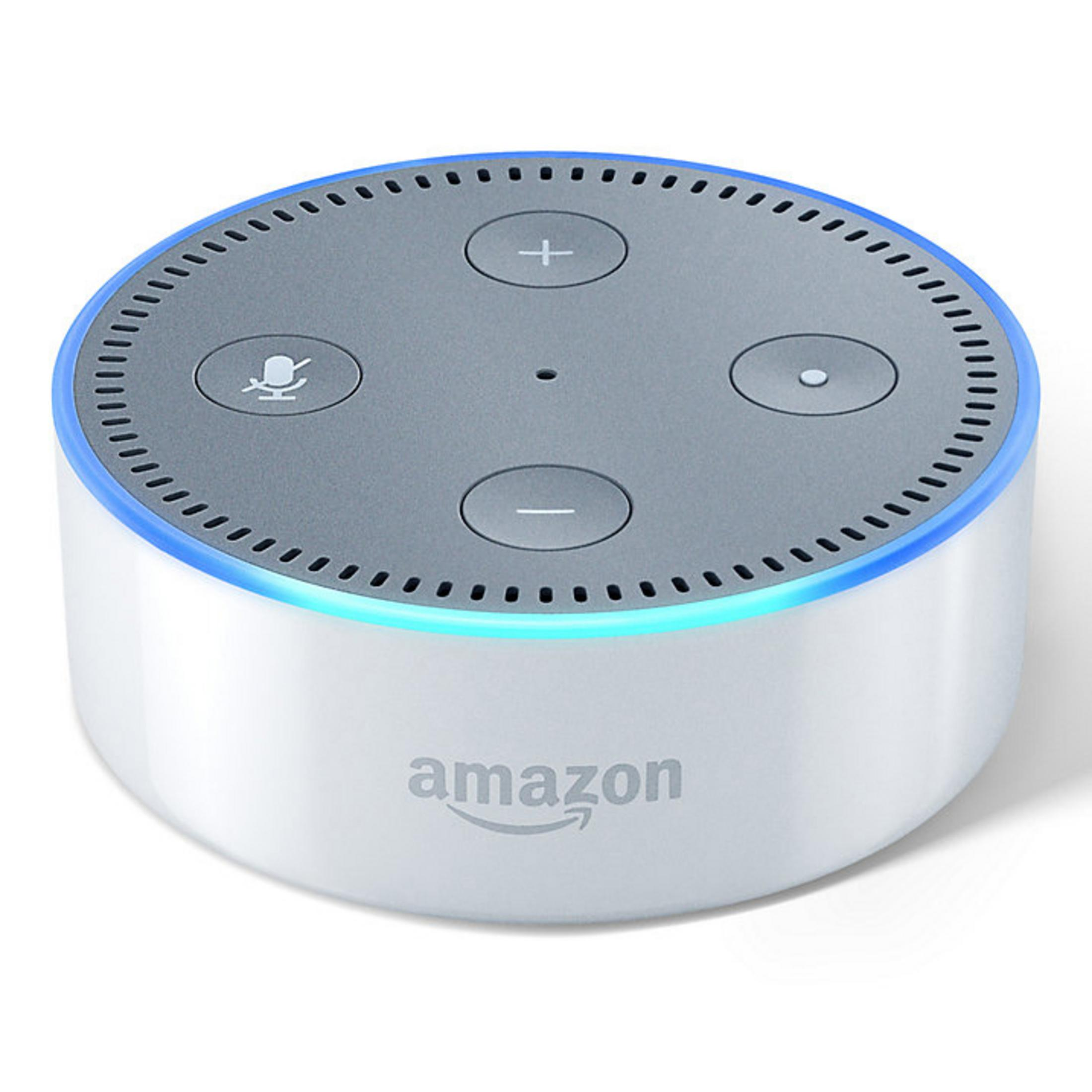 Weiß-grauer Smart Speaker mit Lautstärkereglern. Amazon-Logo darauf. Weißer Hintergrund.