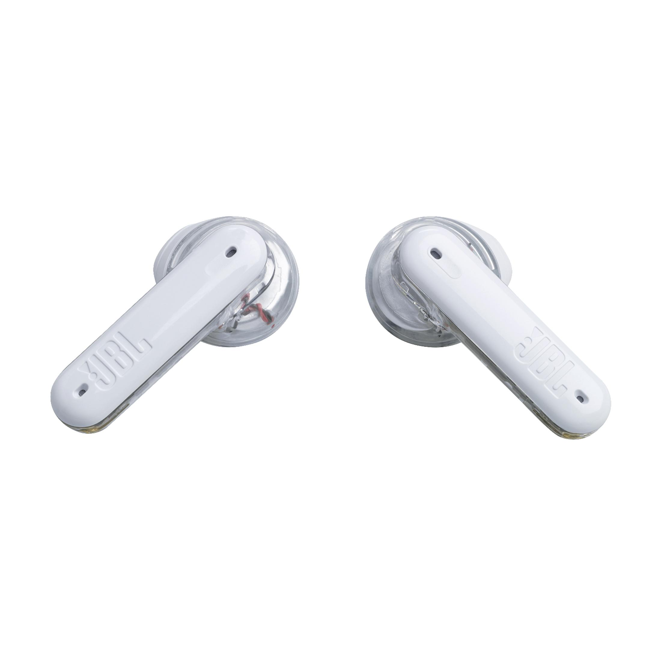 Zwei weiße JBL-Ohrhörer. Das Gehäuse und der Stiel sind weiß, das JBL-Logo ist sichtbar.